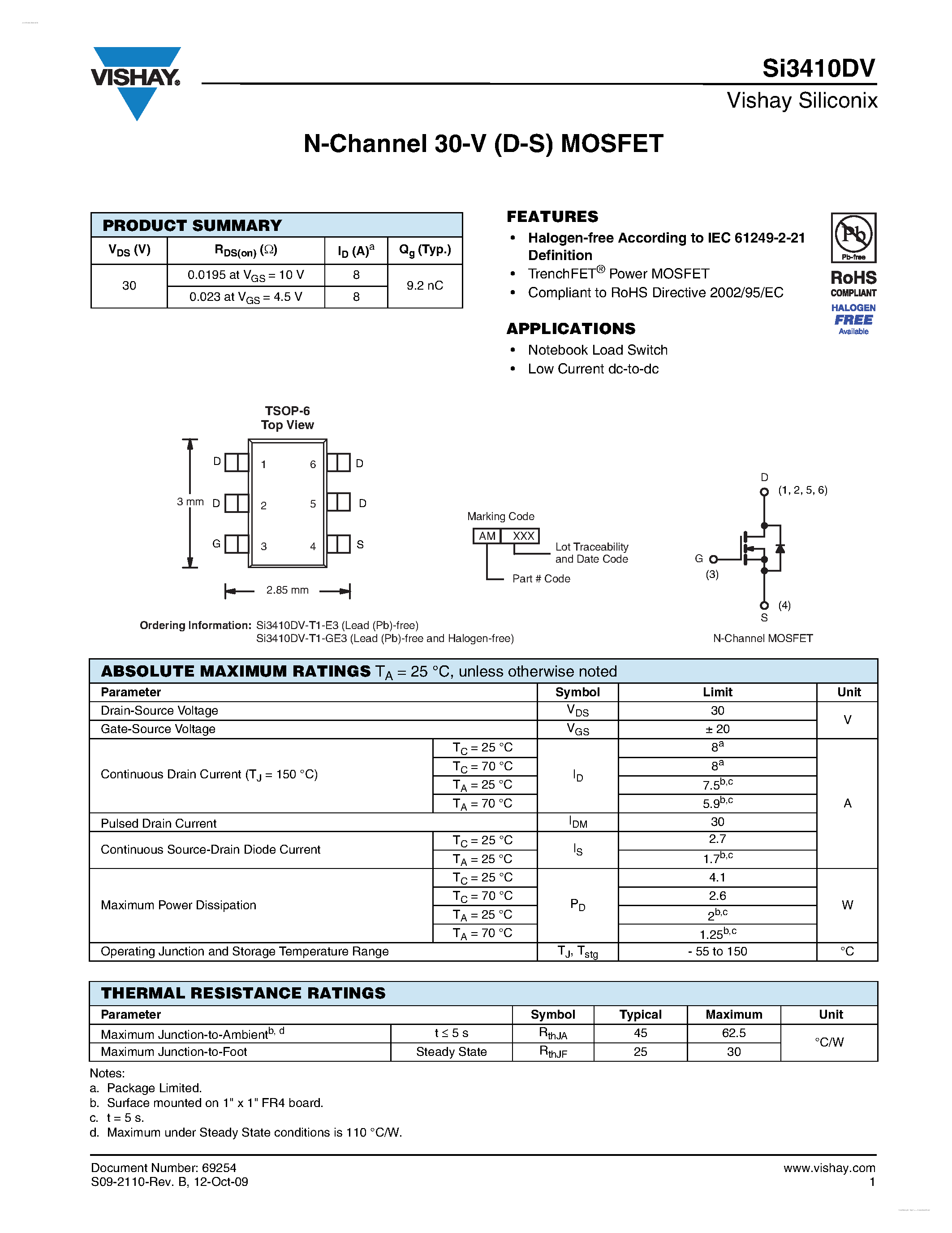 Даташит на микросхему SI3410DV страница 1 Даташит SI3410DV - N-Channel 30-V (D-S) MOSFET страница 1