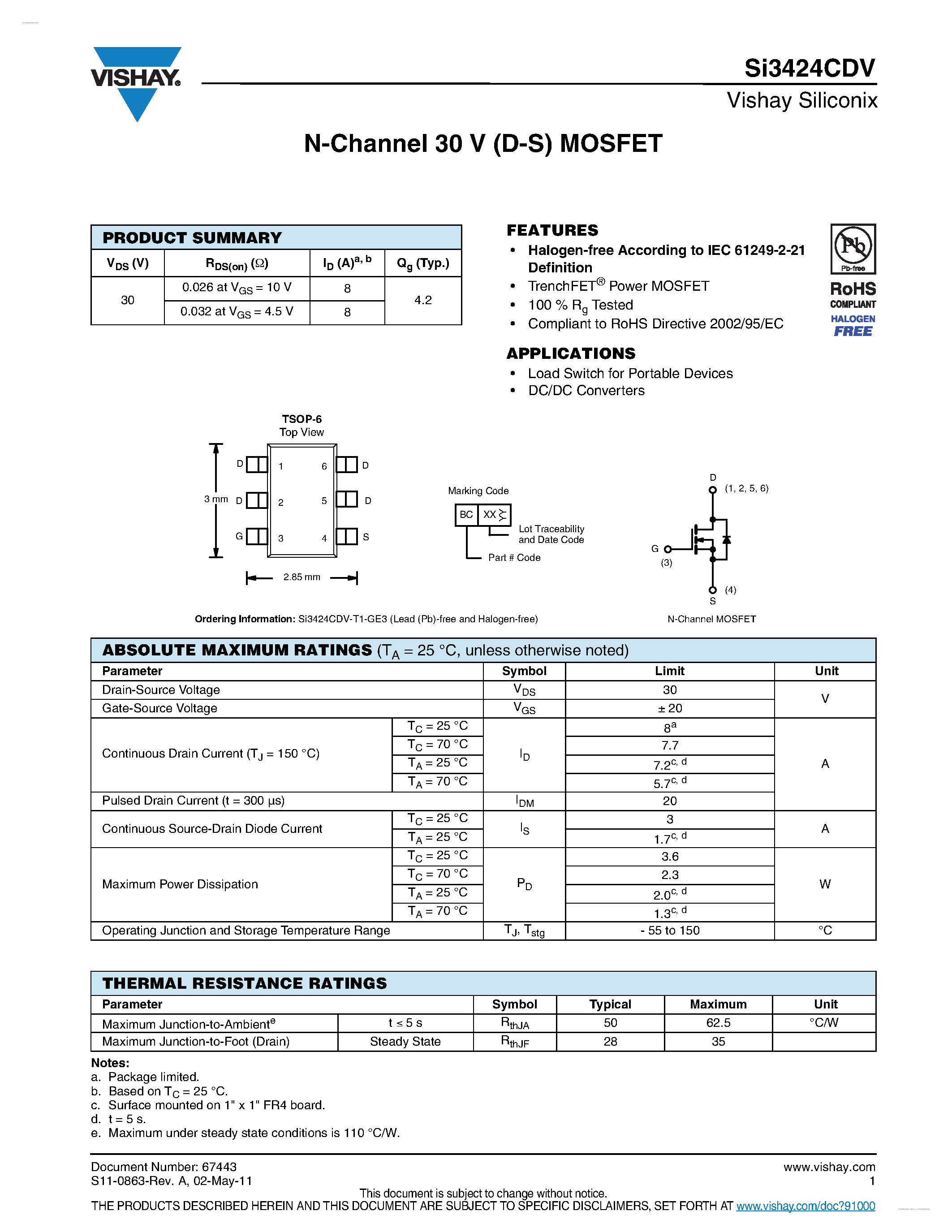 Datasheet SI3424CDV page 1 Datasheet SI3424CDV - N-Channel 30 V (D-S) MOSFET page 1