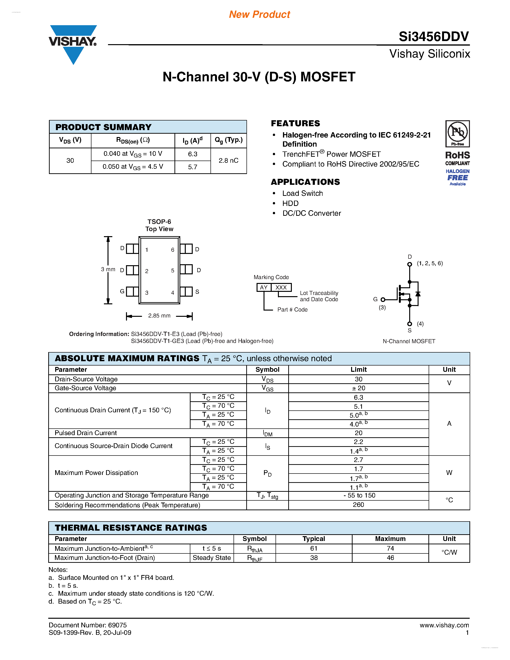 Даташит на микросхему SI3456DDV страница 1 Даташит SI3456DDV - N-Channel 30-V (D-S) MOSFET страница 1