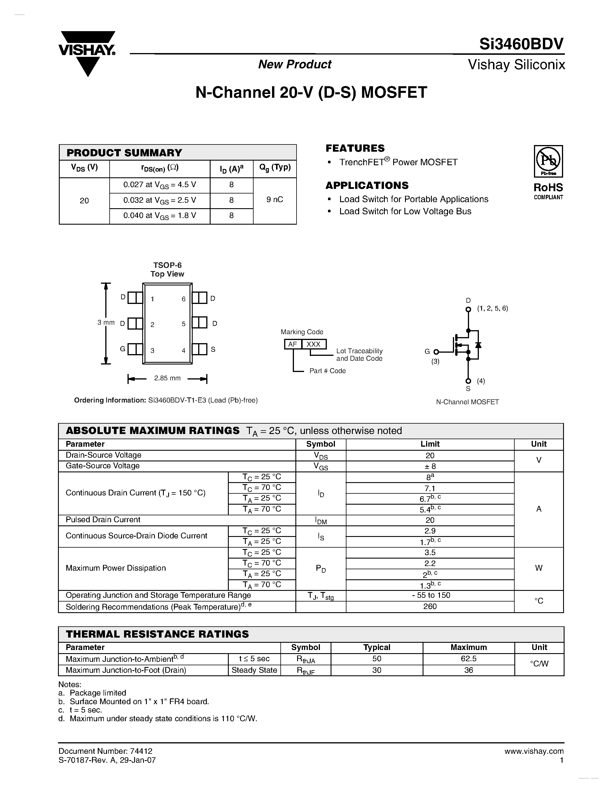 Даташит SI3460BDV - N-Channel 20-V (D-S) MOSFET страница 1