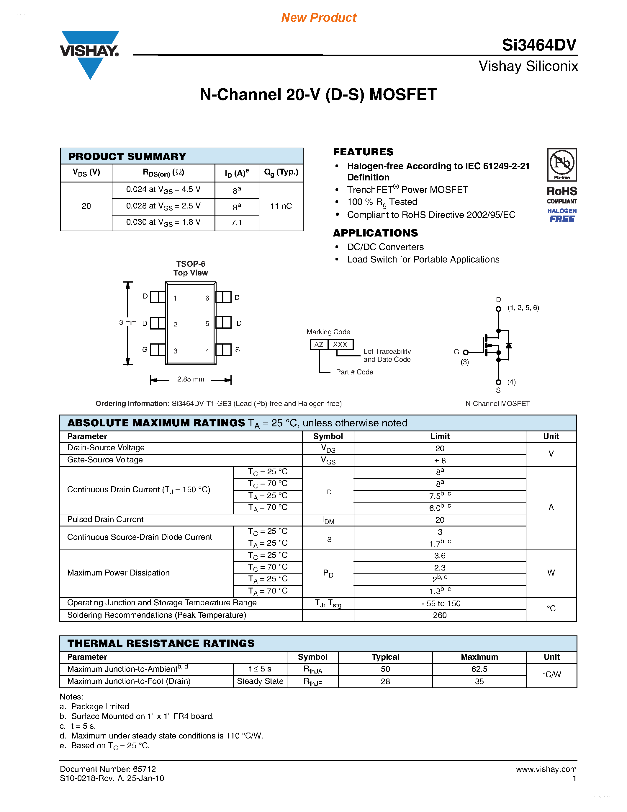 Даташит SI3464DV - N-Channel 20-V (D-S) MOSFET страница 1