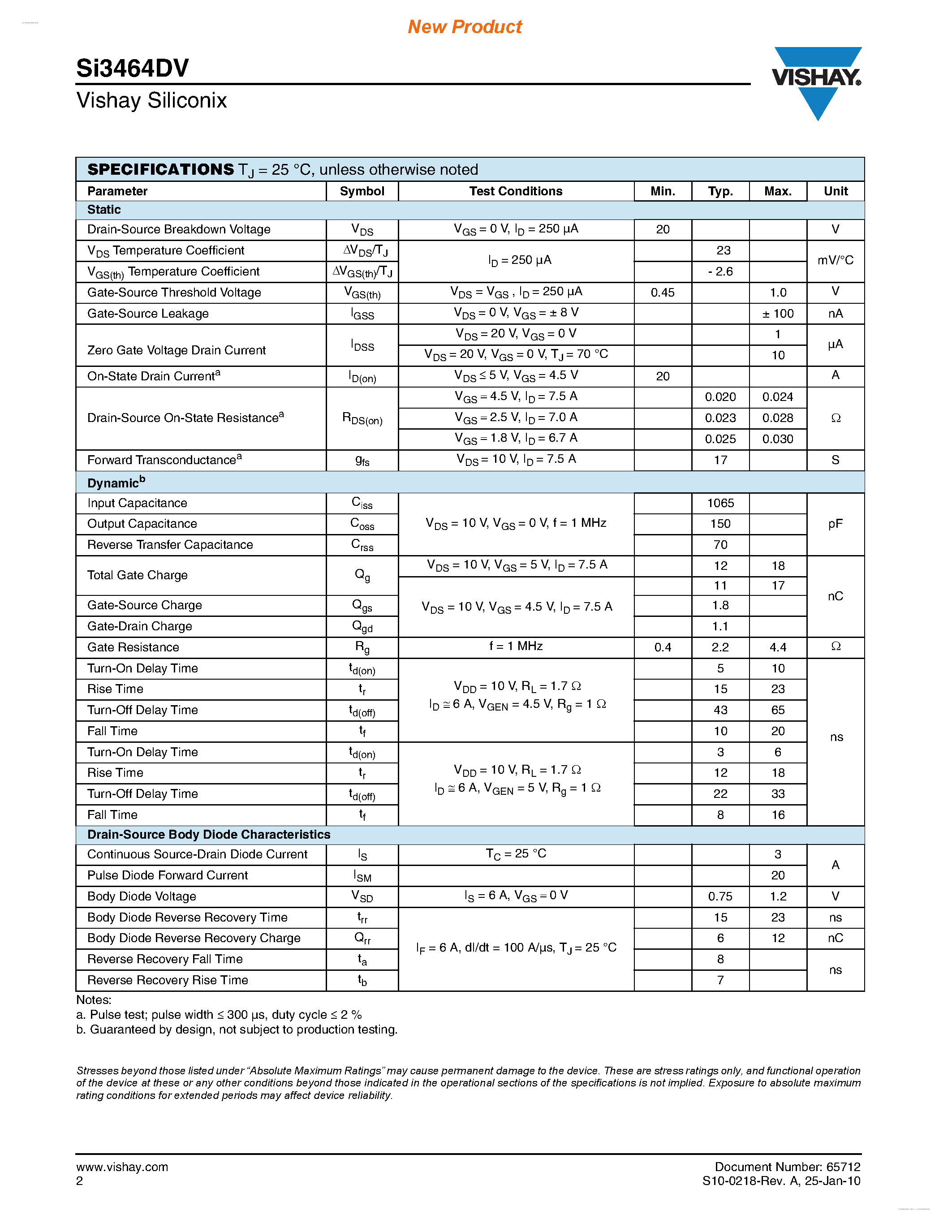 Даташит SI3464DV - N-Channel 20-V (D-S) MOSFET страница 2
