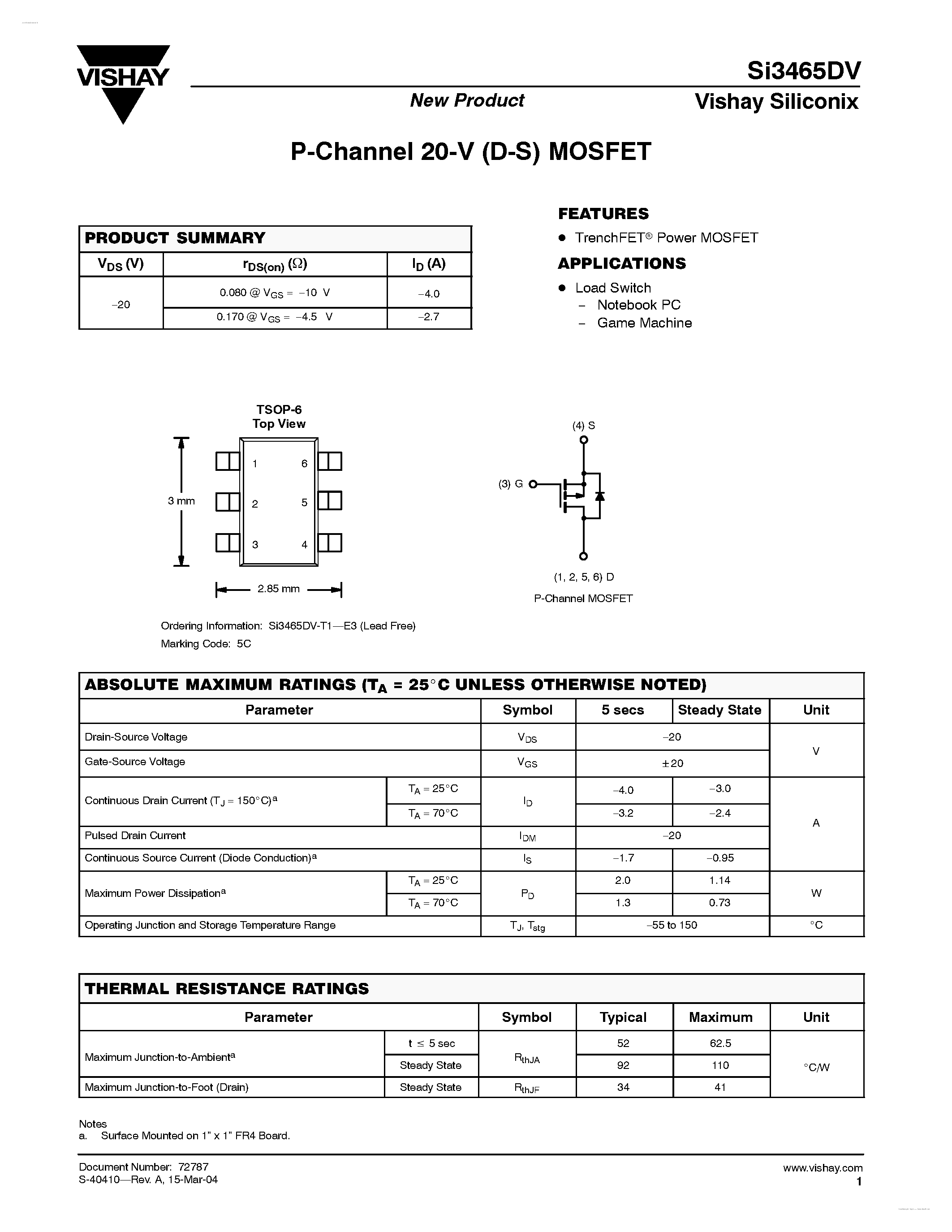 Даташит на микросхему SI3465DV страница 1 Даташит SI3465DV - P-Channel 20-V (D-S) MOSFET страница 1