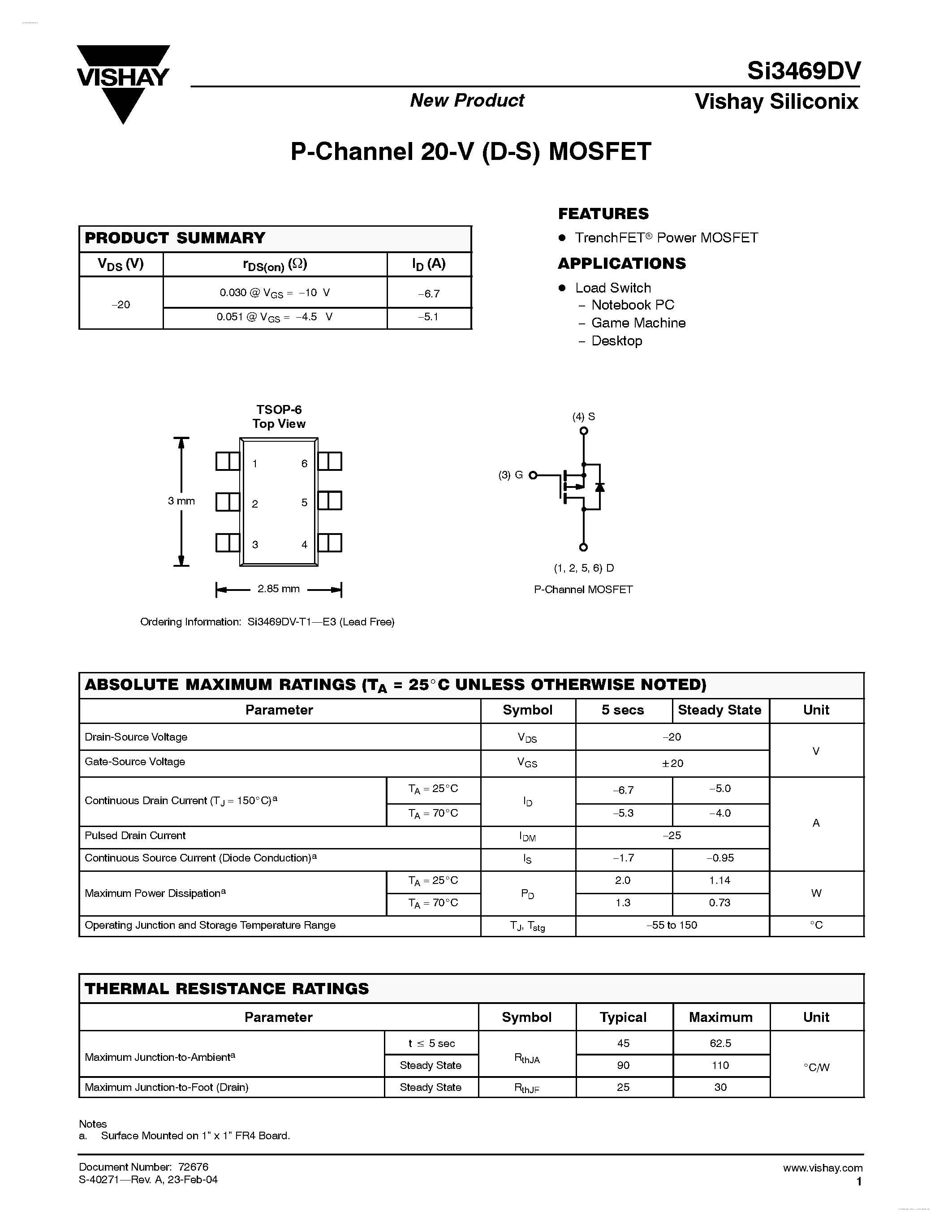 Даташит на микросхему SI3469DV страница 1 Даташит SI3469DV - P-Channel 20-V (D-S) MOSFET страница 1