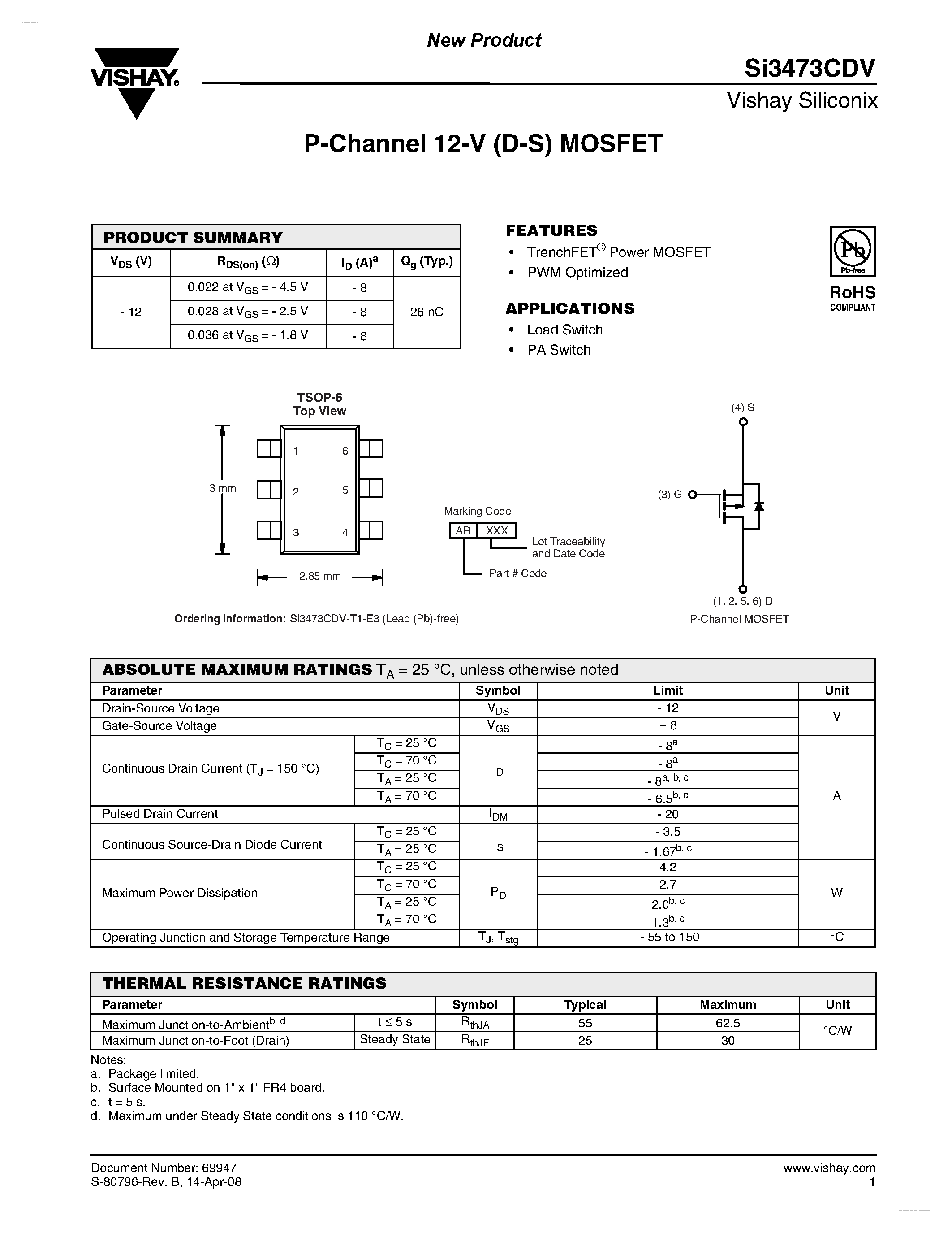 Даташит SI3473CDV - P-Channel 12-V (D-S) MOSFET страница 1
