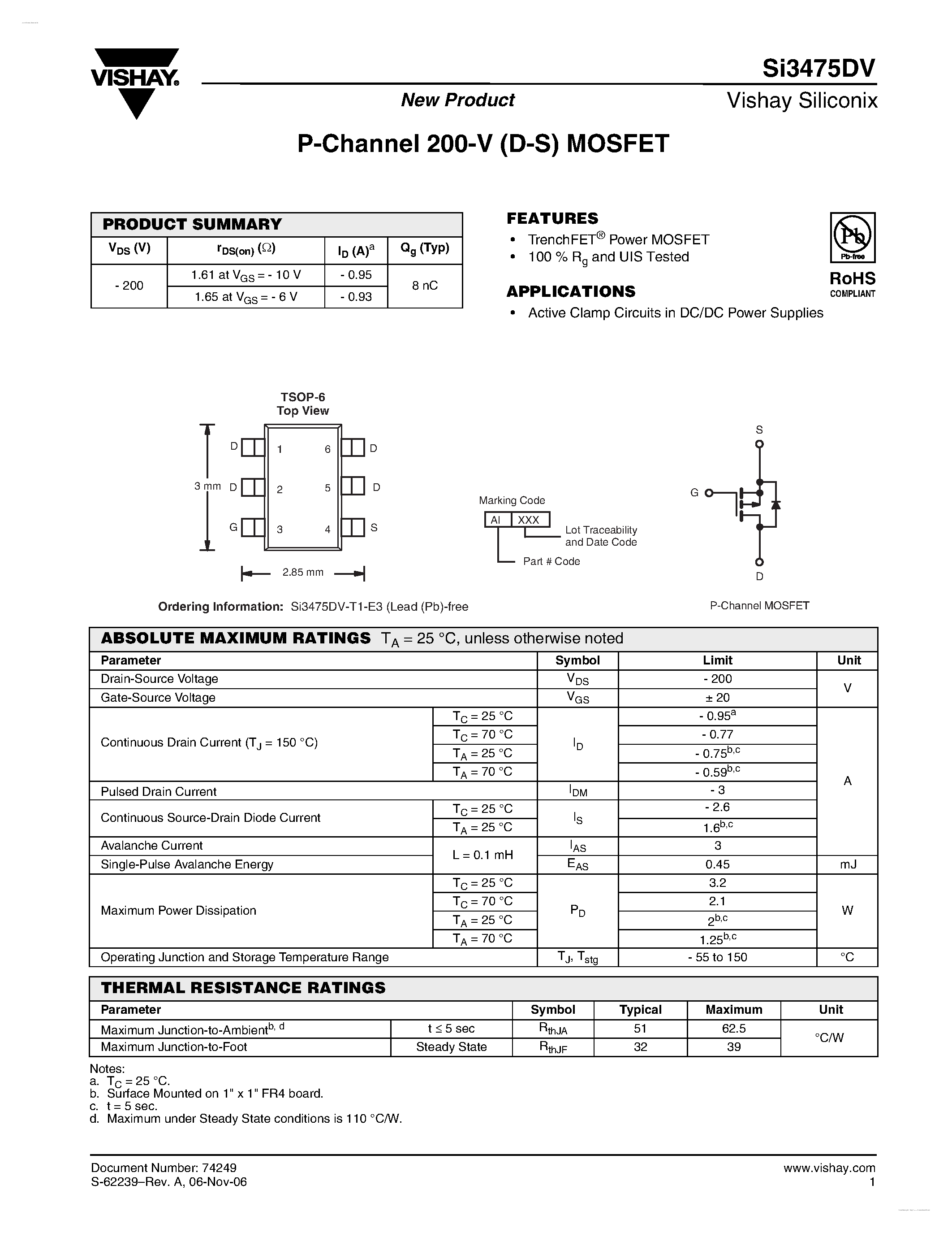 Даташит на микросхему SI3475DV страница 1 Даташит SI3475DV - P-Channel 200-V (D-S) MOSFET страница 1