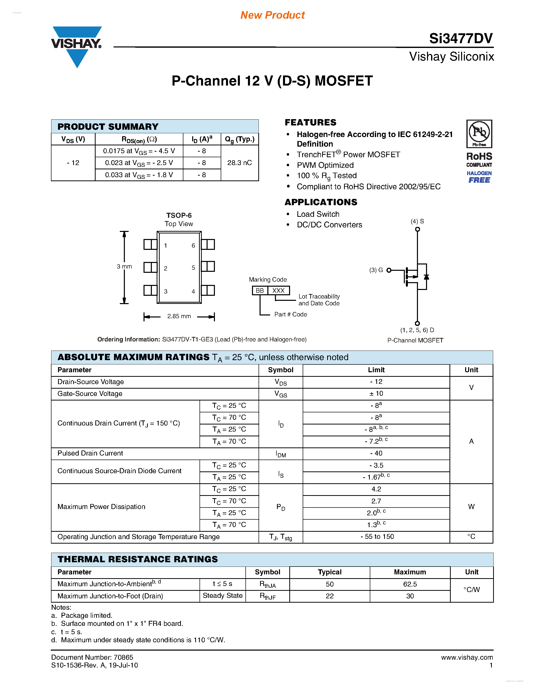 Даташит на микросхему SI3477DV страница 1 Даташит SI3477DV - P-Channel 12 V (D-S) MOSFET страница 1