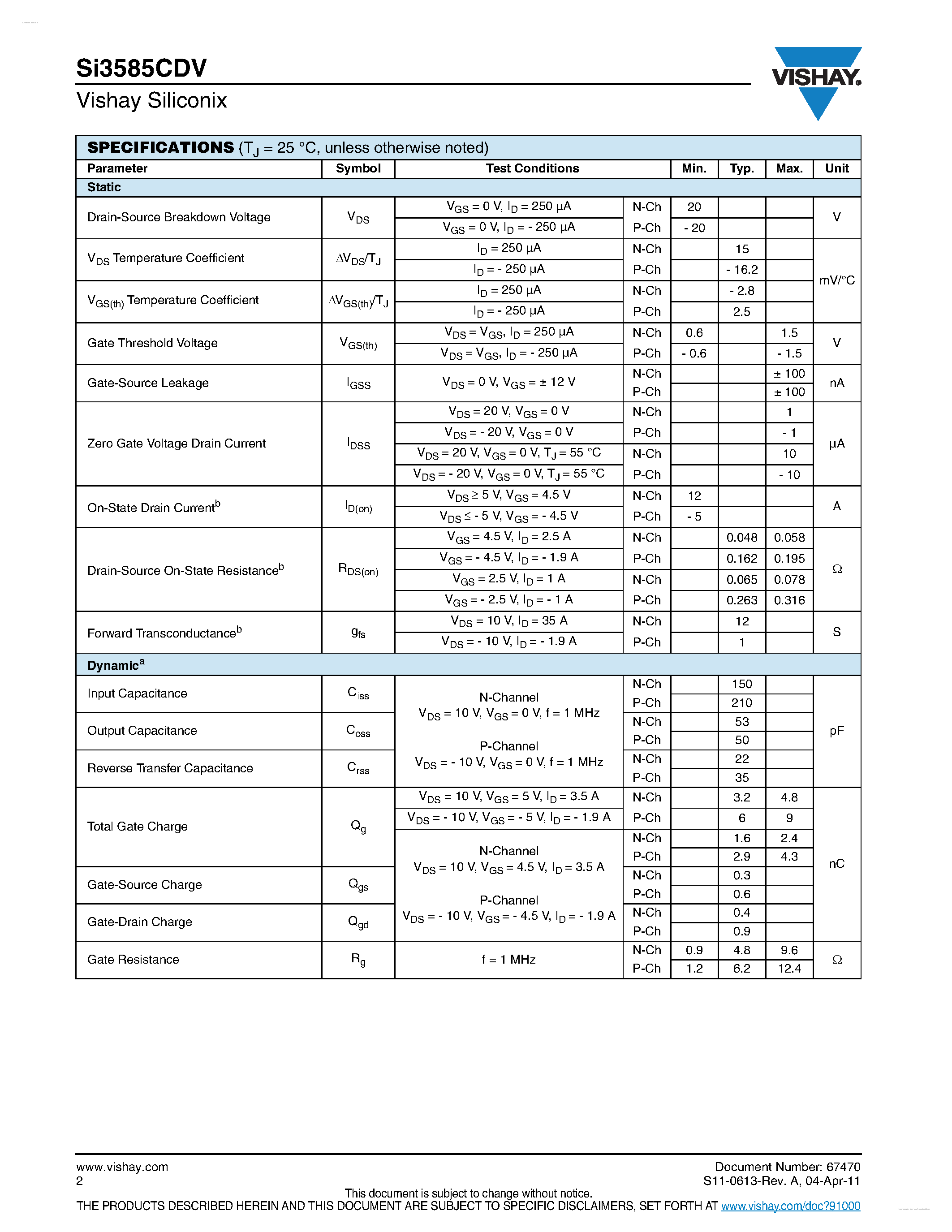 Даташит на микросхему SI3585CDV страница 2 Даташит SI3585CDV - N- and P-Channel 20 V (D-S) MOSFET страница 2