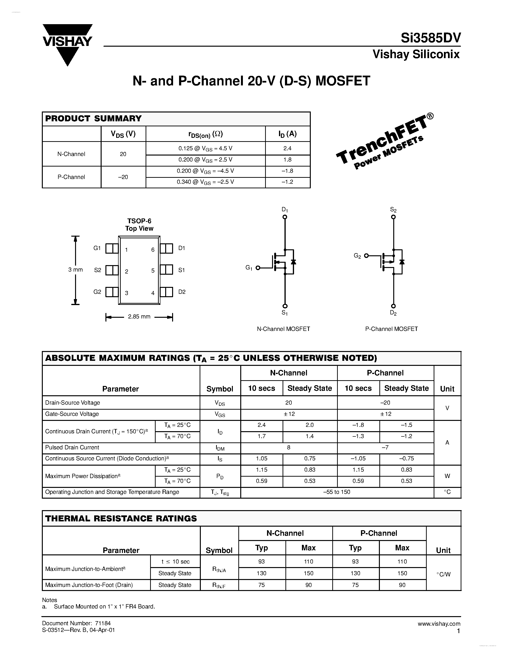 Даташит на микросхему SI3585DV страница 1 Даташит SI3585DV - N- and P-Channel 20-V (D-S) MOSFET страница 1