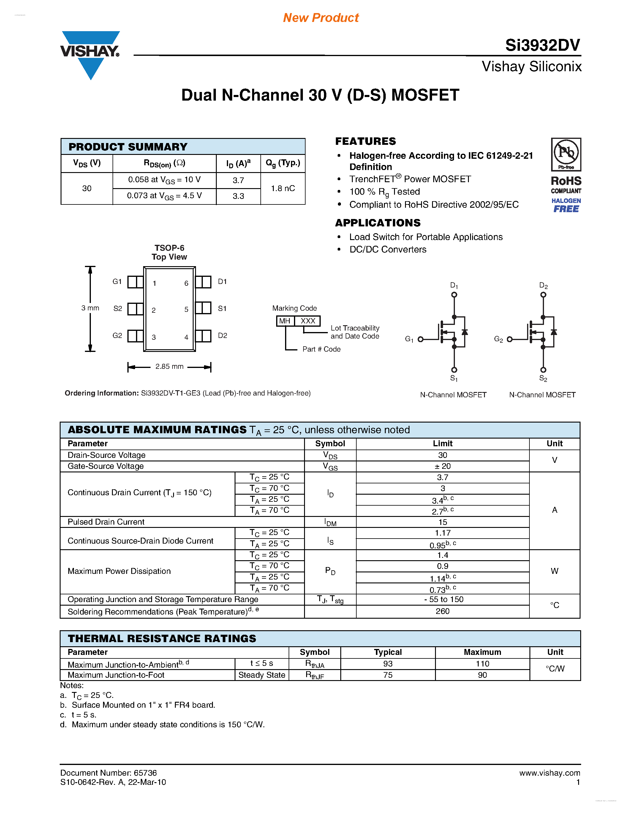 Datasheet SI3932DV - Dual N-Channel 30 V (D-S) MOSFET page 1