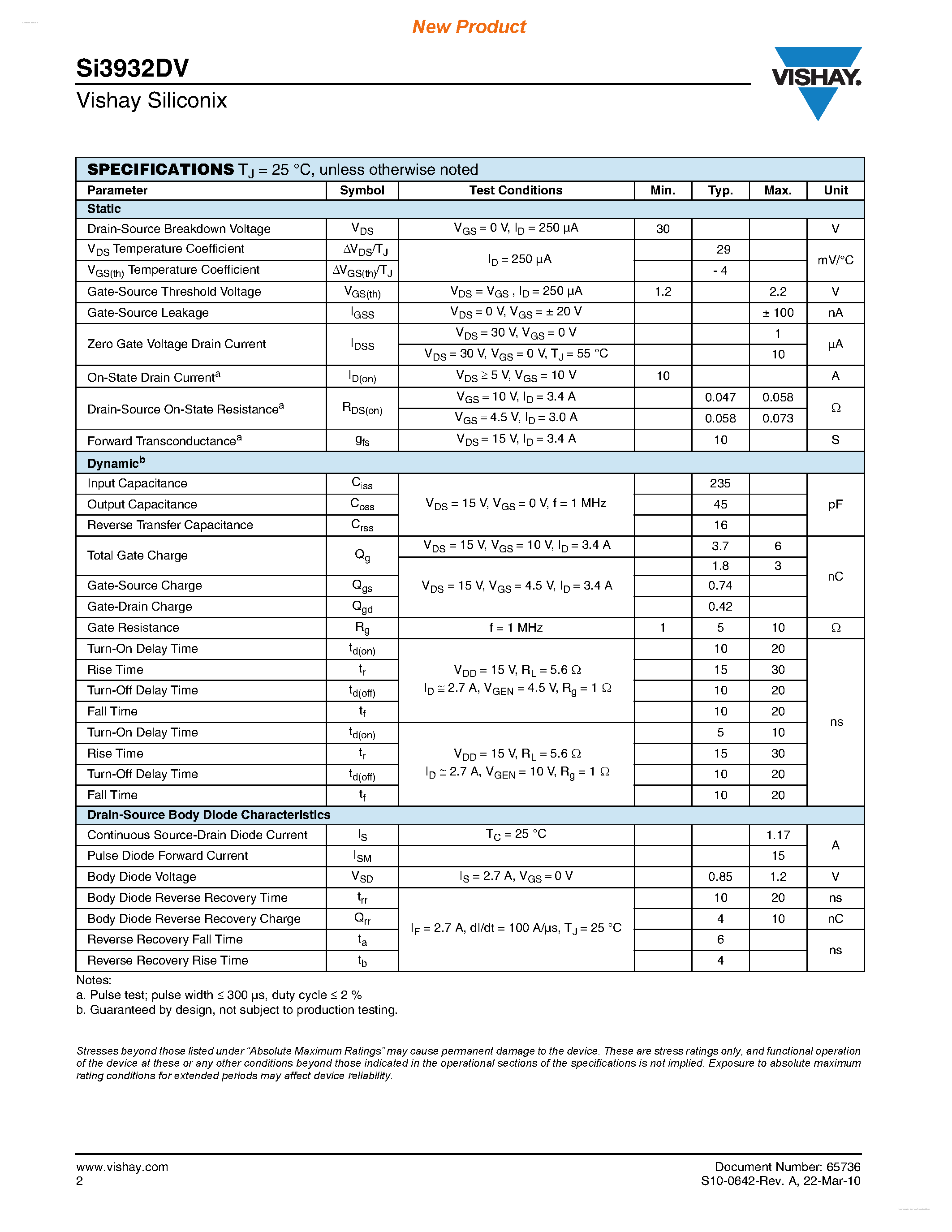Datasheet SI3932DV - Dual N-Channel 30 V (D-S) MOSFET page 2