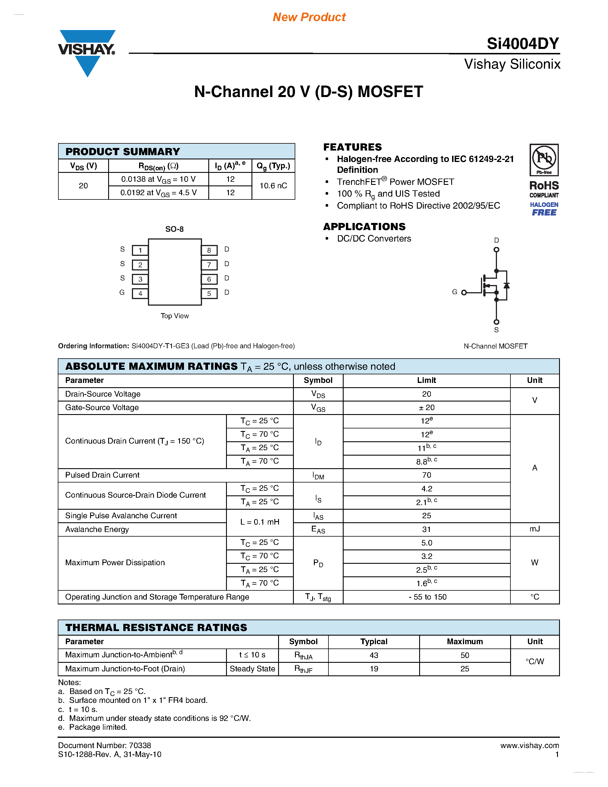 Даташит SI4004DY - N-Channel 20 V (D-S) MOSFET страница 1