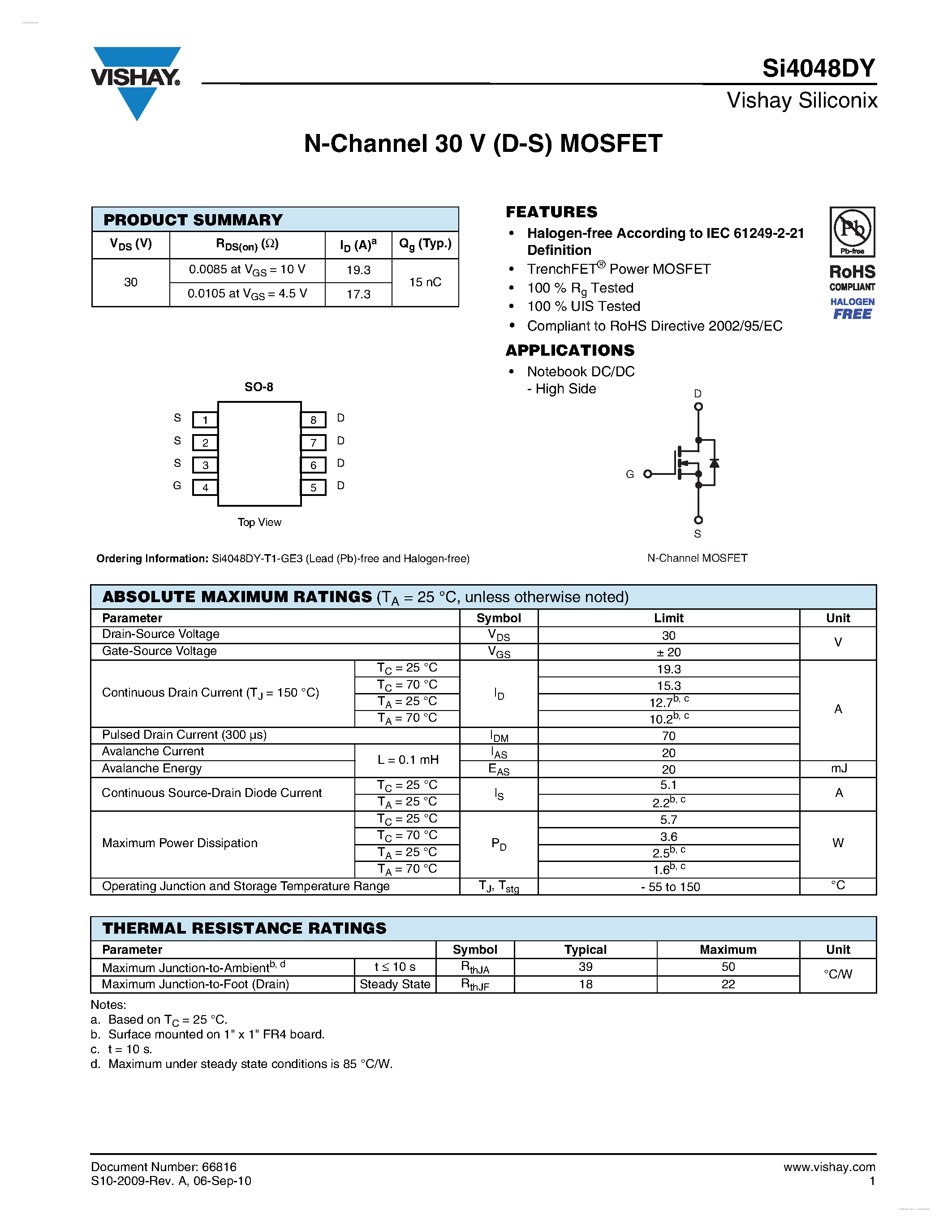 Даташит SI4048DY - N-Channel 30 V (D-S) MOSFET страница 1