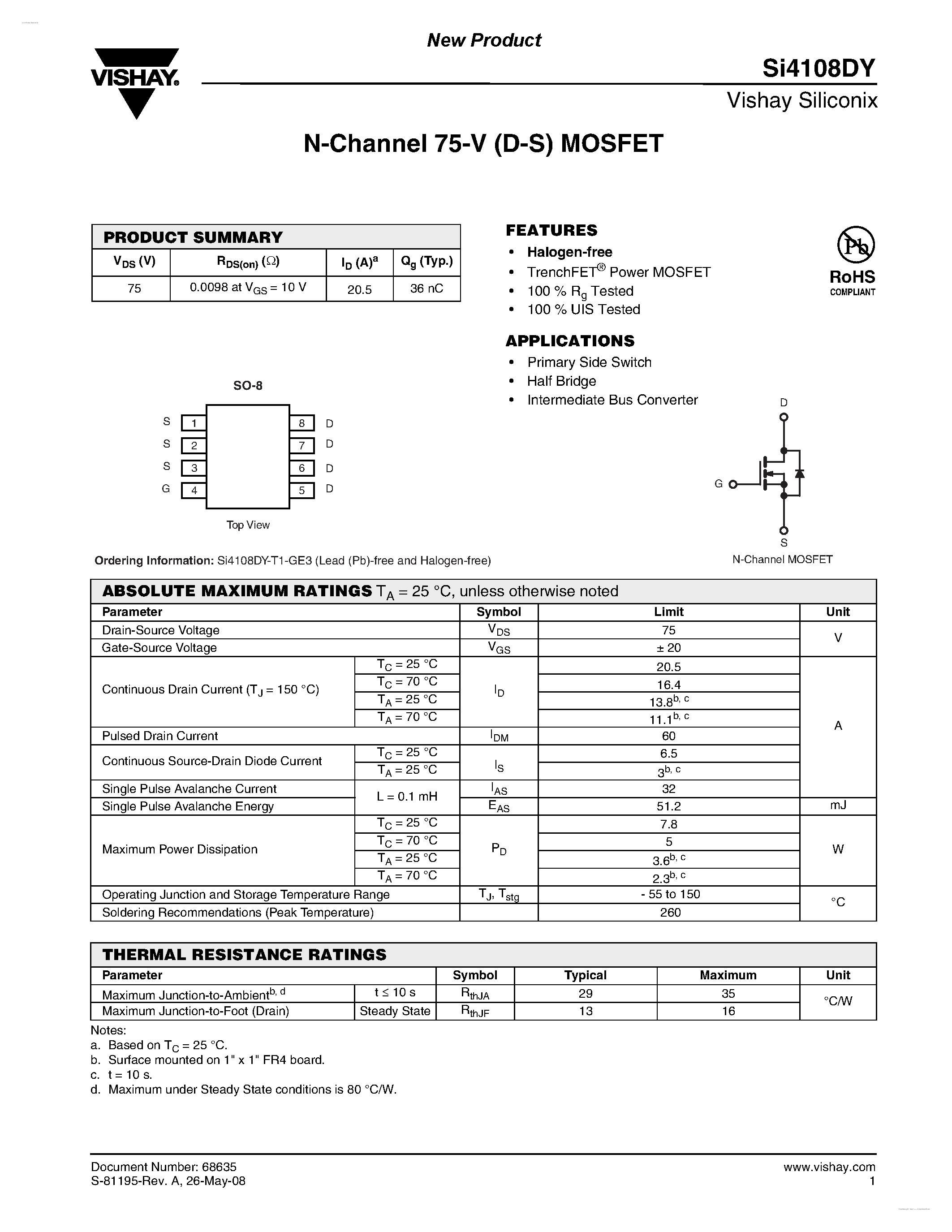 Даташит SI4108DY - N-Channel 75-V (D-S) MOSFET страница 1