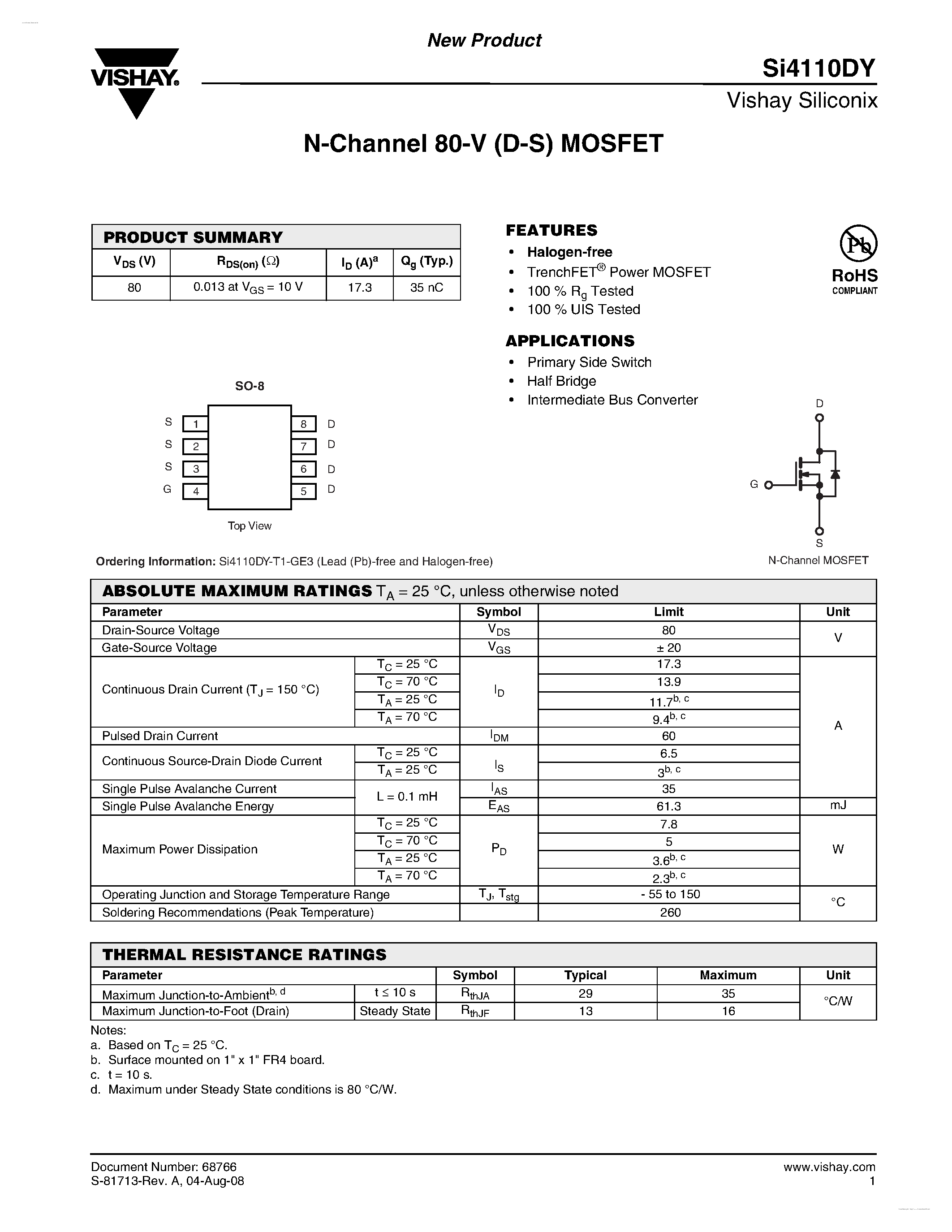Datasheet SI4110DY page 1 Datasheet SI4110DY - N-Channel 80-V (D-S) MOSFET page 1