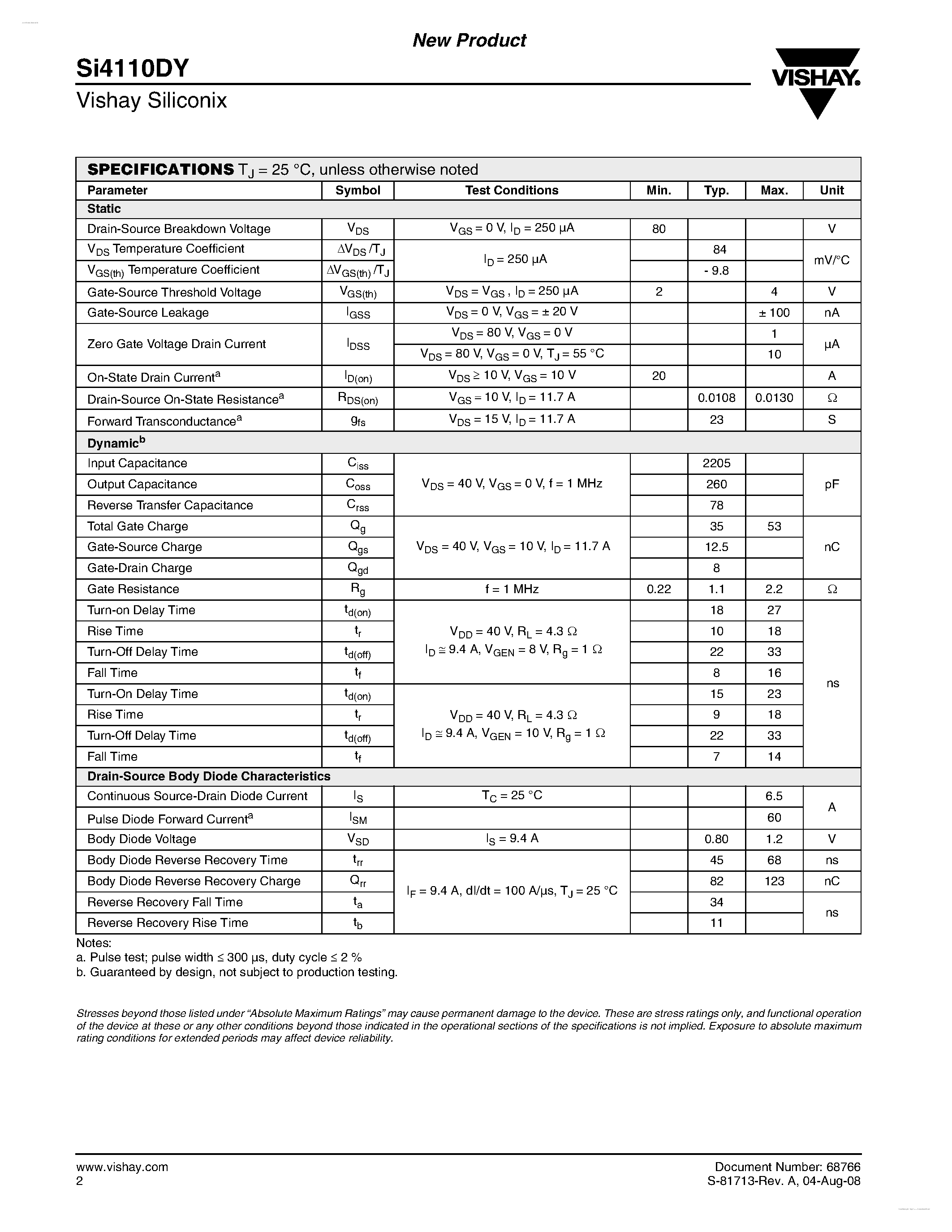 Datasheet SI4110DY page 2 Datasheet SI4110DY - N-Channel 80-V (D-S) MOSFET page 2