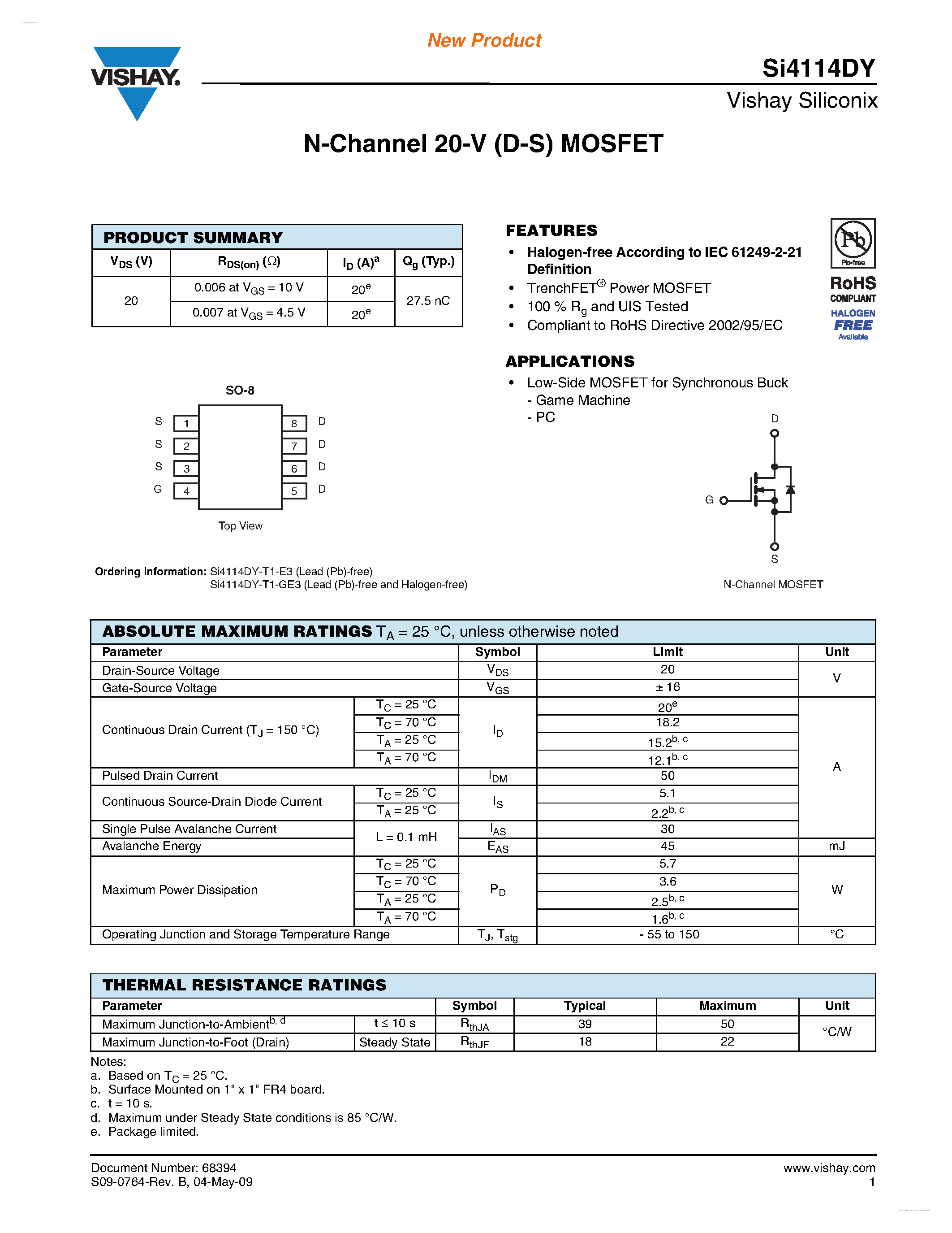Даташит SI4114DY - N-Channel 20-V (D-S) MOSFET страница 1