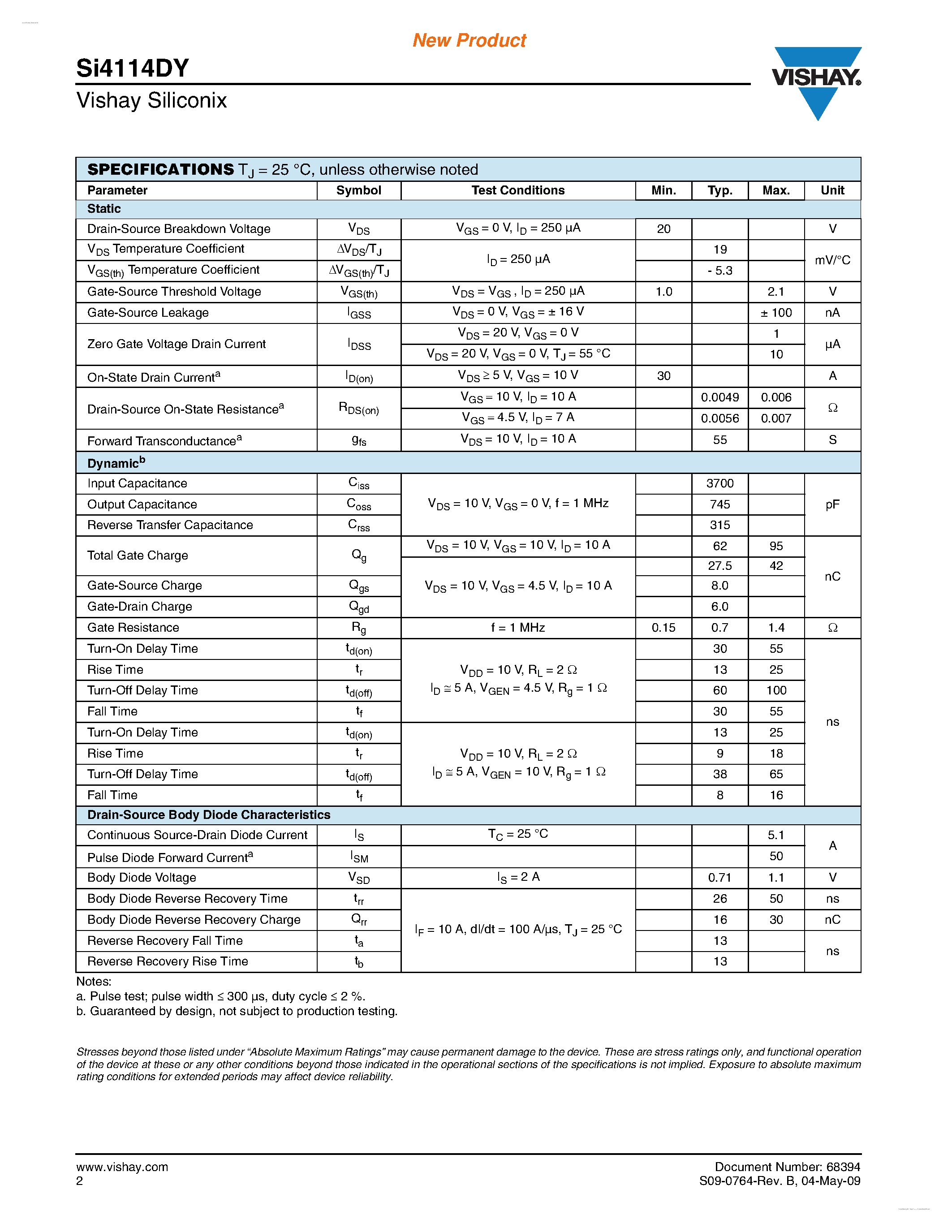 Даташит SI4114DY - N-Channel 20-V (D-S) MOSFET страница 2