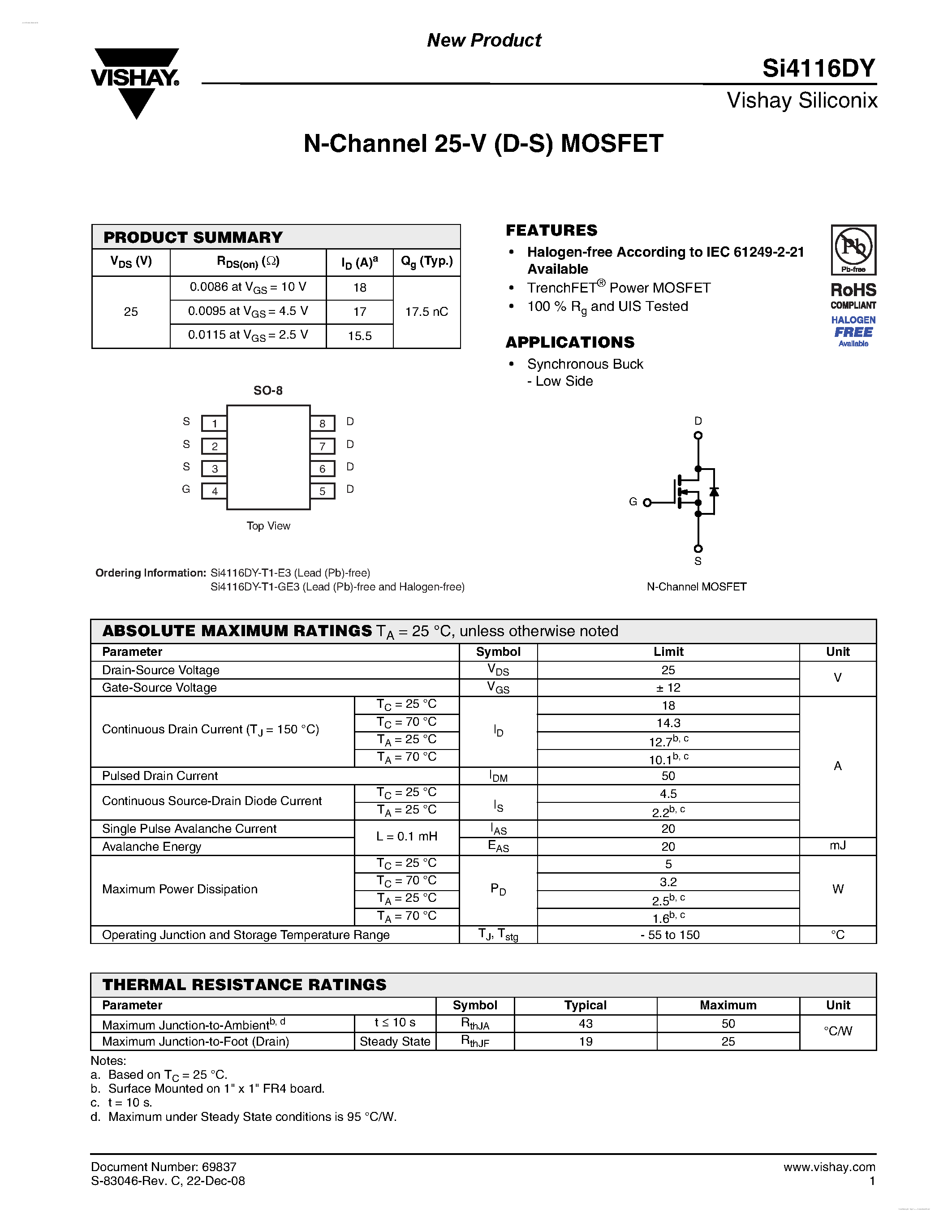 Даташит SI4116DY - N-Channel 25-V (D-S) MOSFET страница 1