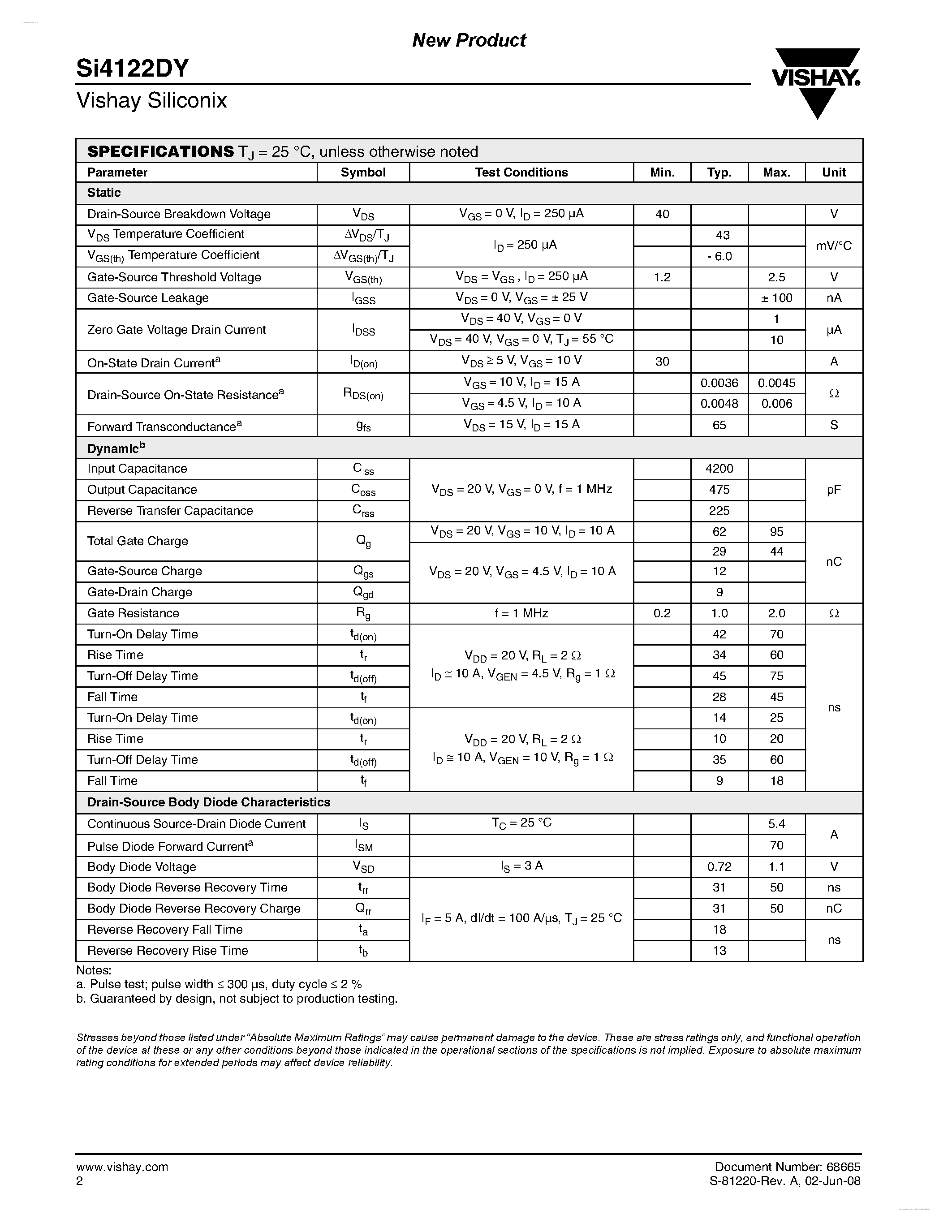 Даташит SI4122DY - N-Channel 40-V (D-S) MOSFET страница 2
