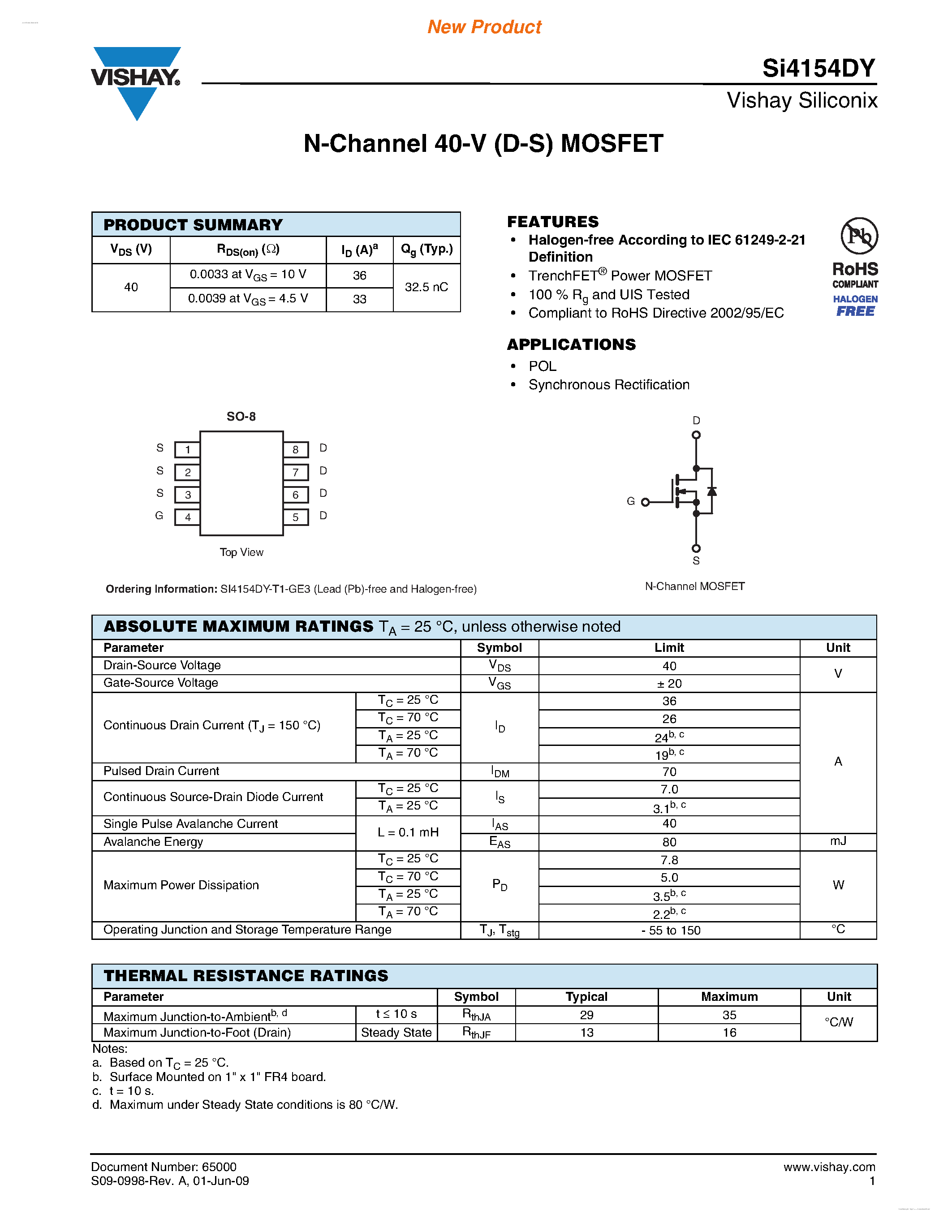 Даташит SI4154DY - N-Channel 40-V (D-S) MOSFET страница 1