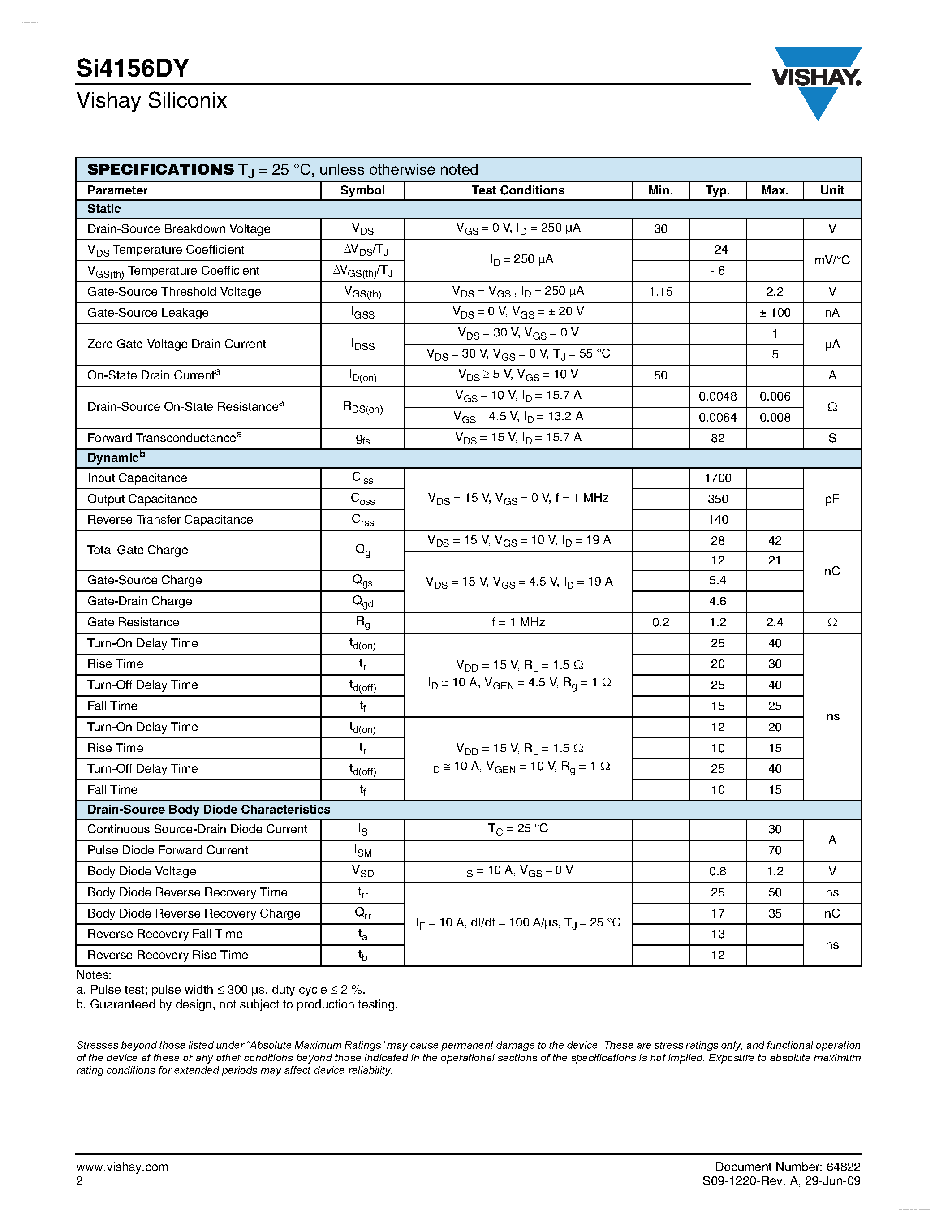 Даташит SI4156DY - N-Channel 30-V (D-S) MOSFET страница 2