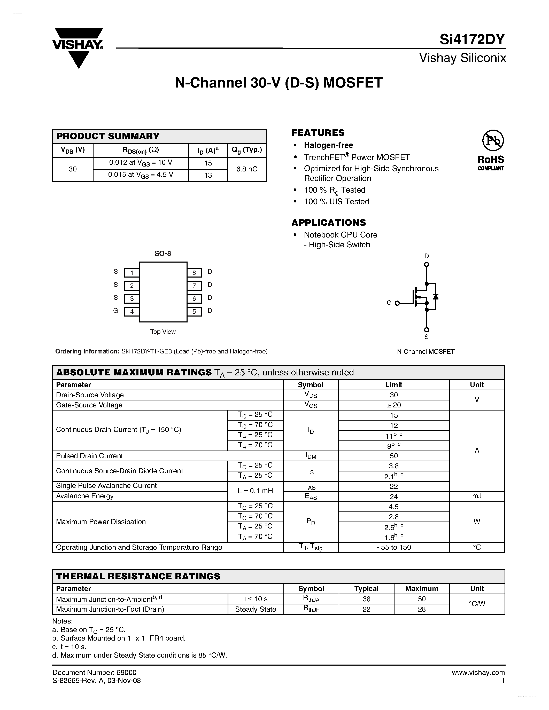 Даташит SI4172DY - N-Channel 30-V (D-S) MOSFET страница 1