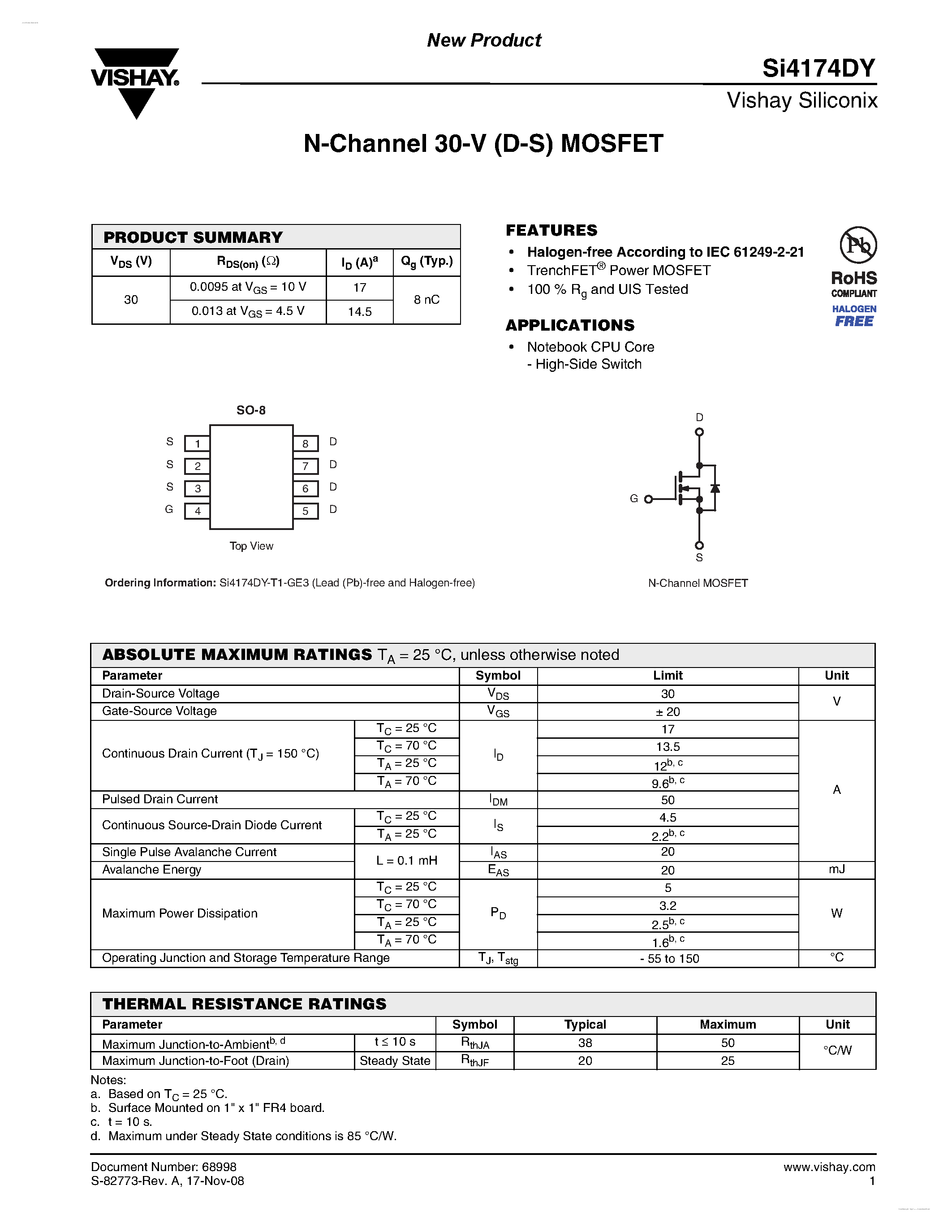 Даташит SI4174DY - N-Channel 30-V (D-S) MOSFET страница 1