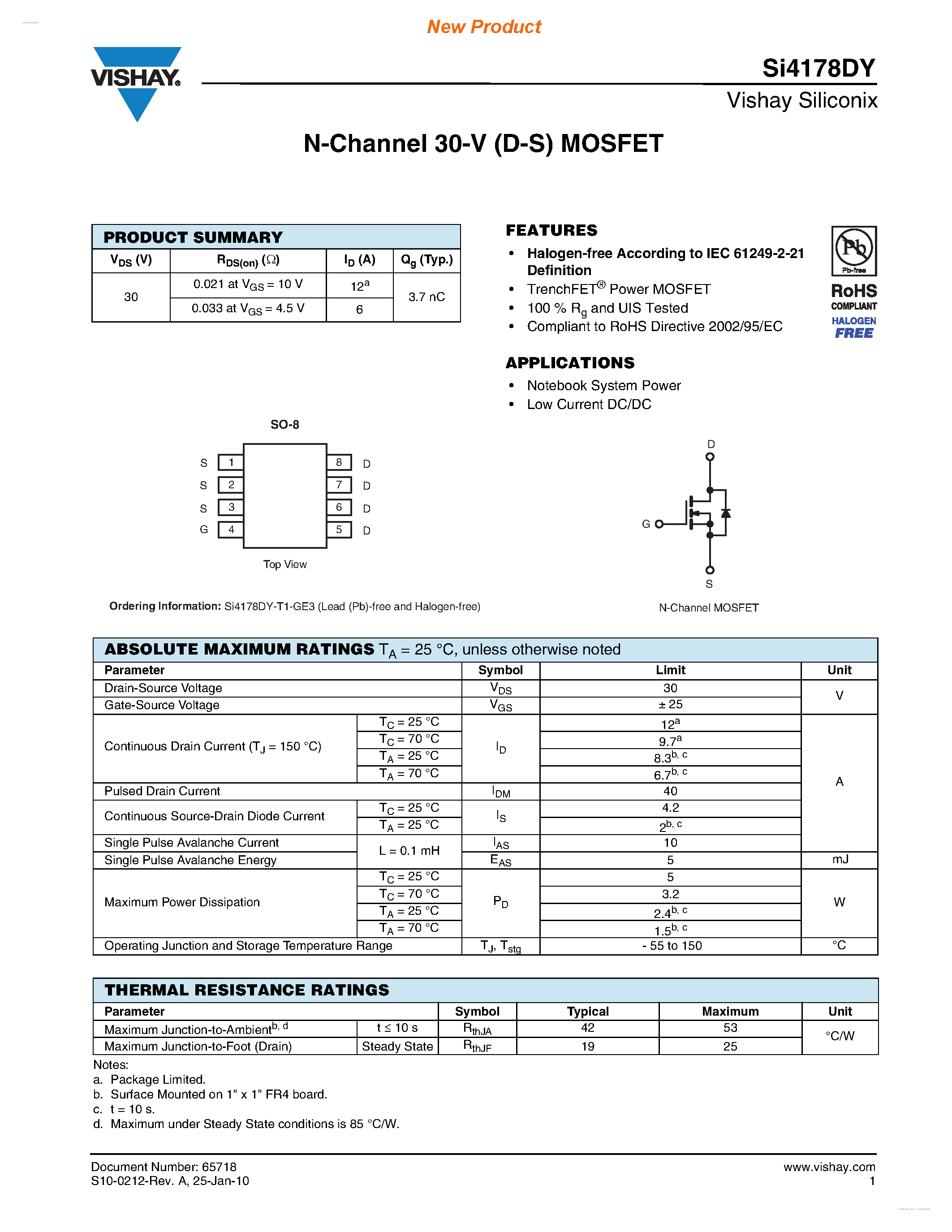 Даташит SI4178DY - N-Channel 30-V (D-S) MOSFET страница 1