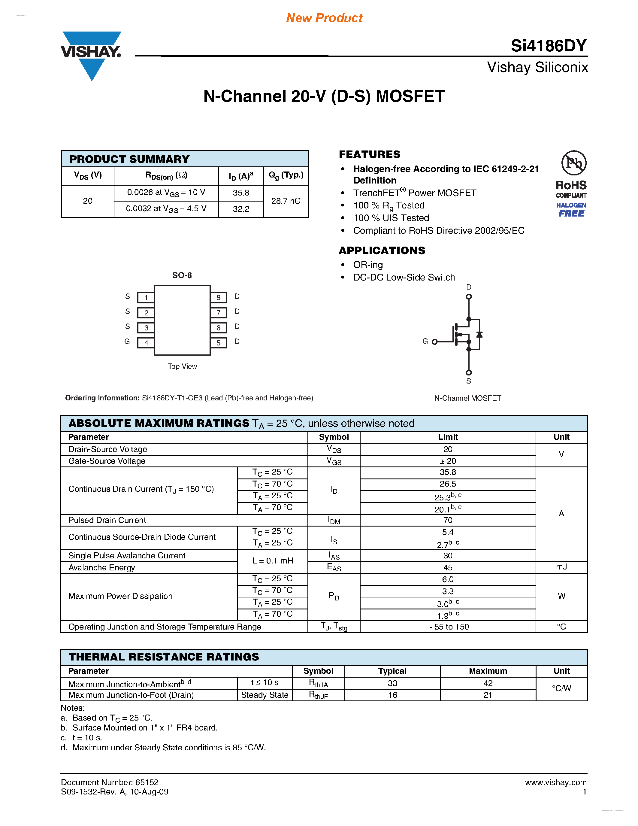 Даташит SI4186DY - N-Channel 20-V (D-S) MOSFET страница 1