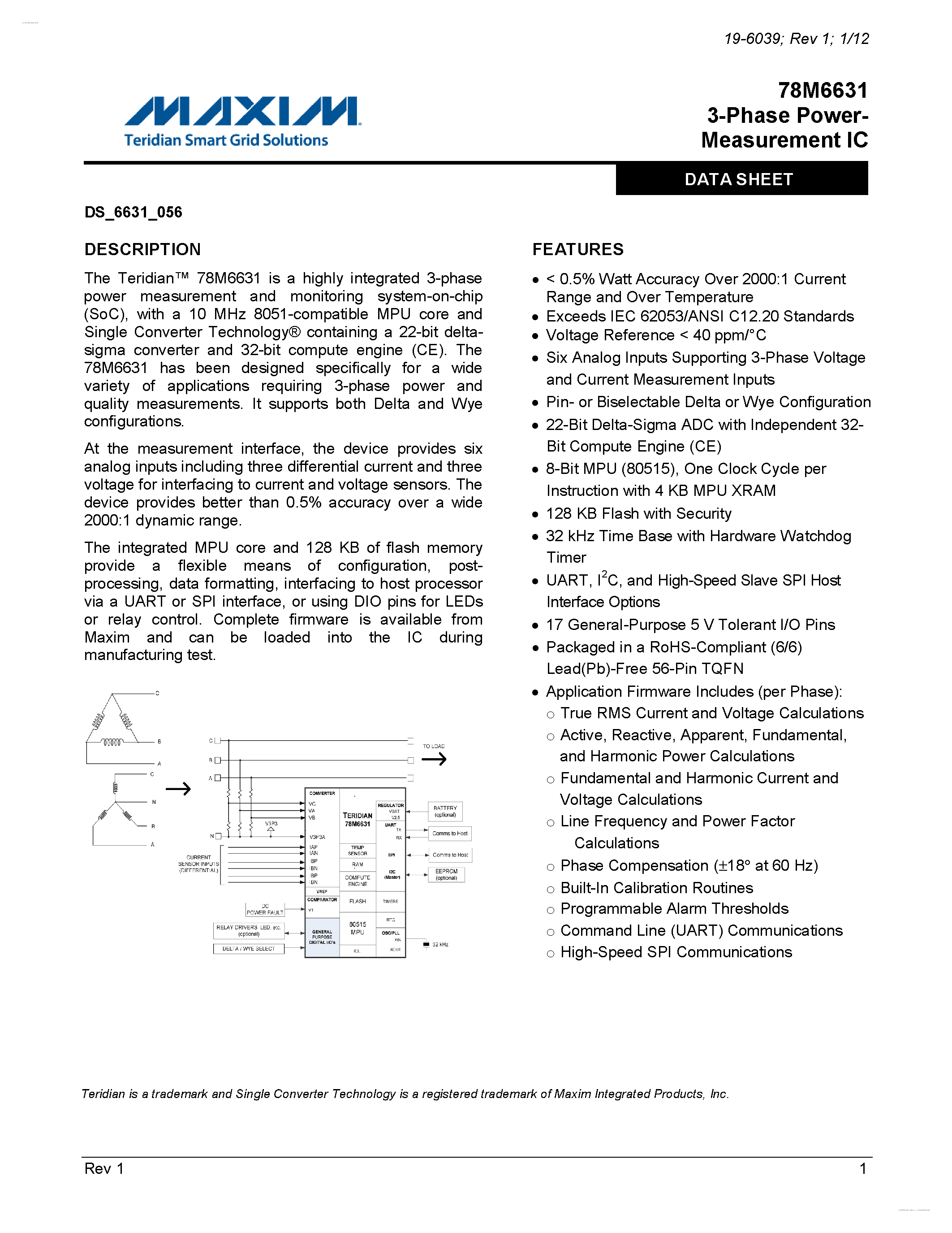 Datasheet 78M6631 - 3-Phase Power-Measurement IC page 1