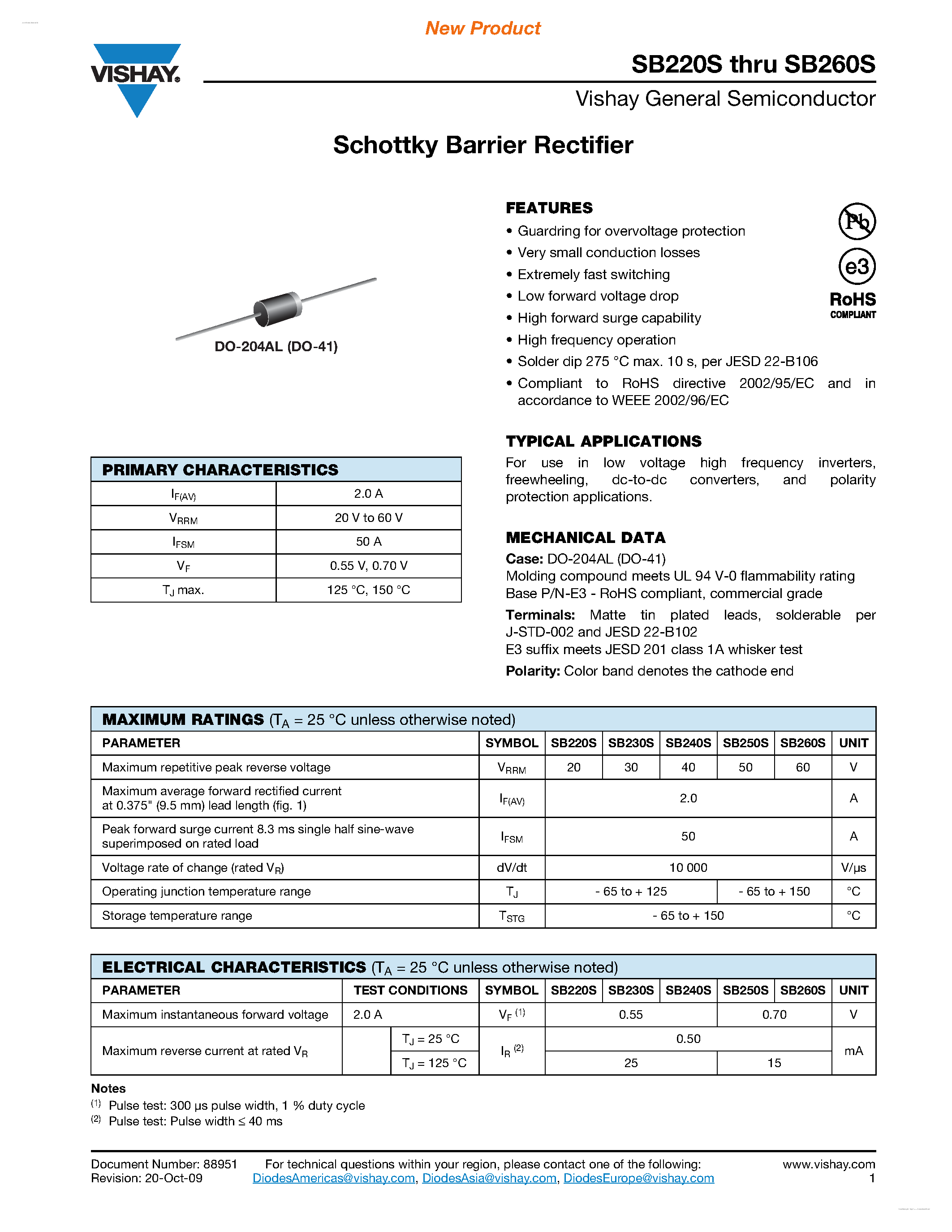 Datasheet SB220S page 1 Datasheet SB220S - (SB220S - SB260S) Schottky Barrier Rectifier page 1