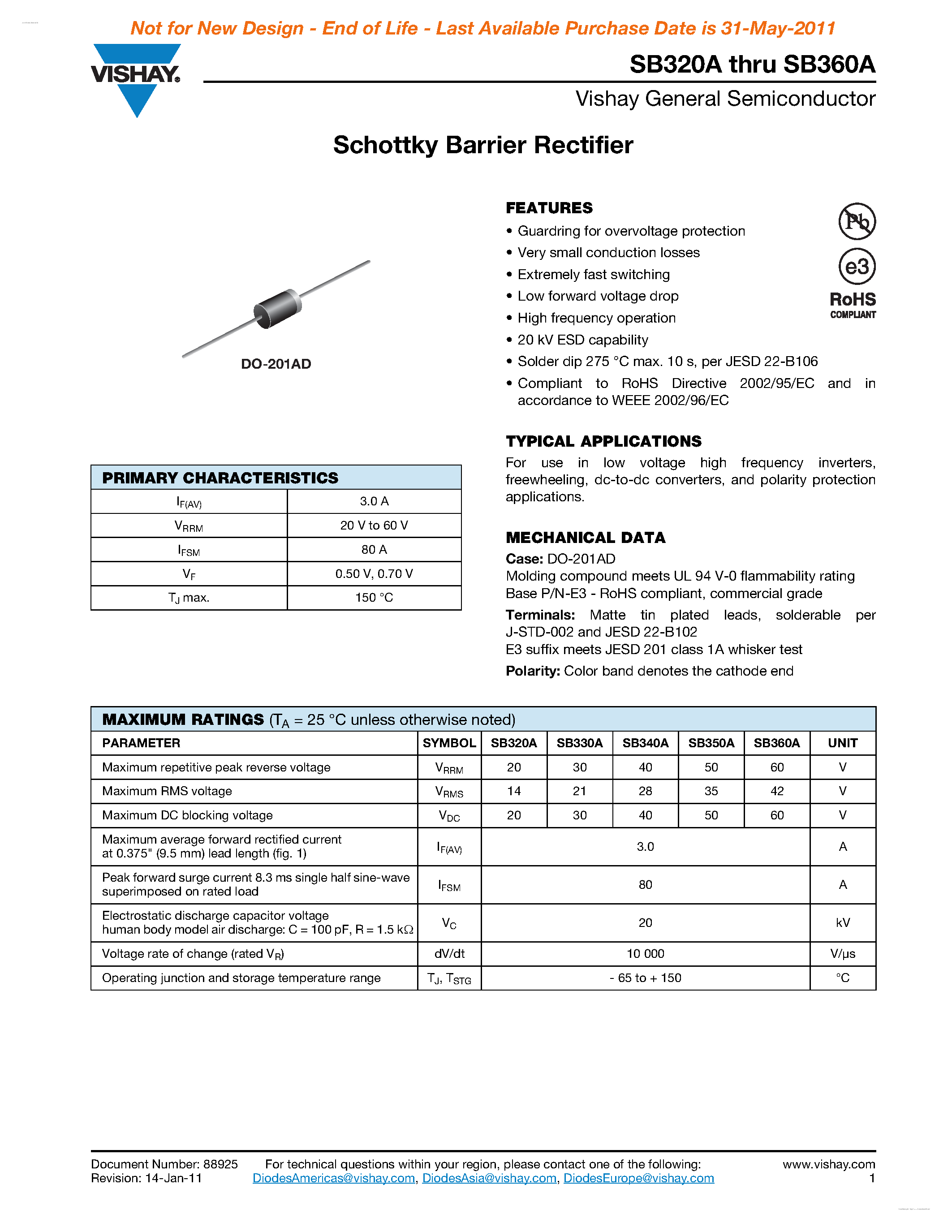 Datasheet SB350A page 1 Datasheet SB350A - (SB320A - SB360A) Schottky Barrier Rectifier page 1