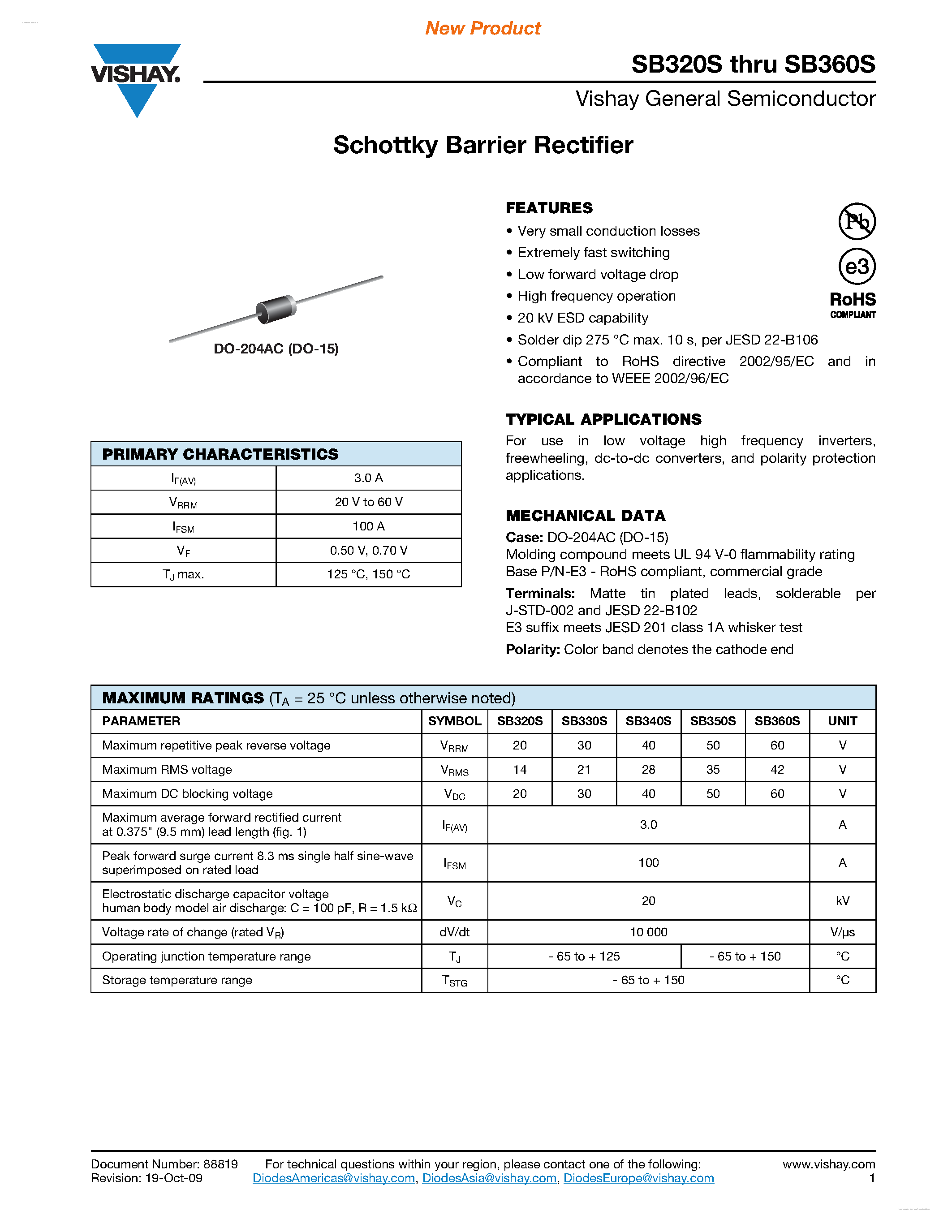 Datasheet SB350S - (SB320S - SB360S) Schottky Barrier Rectifier page 1