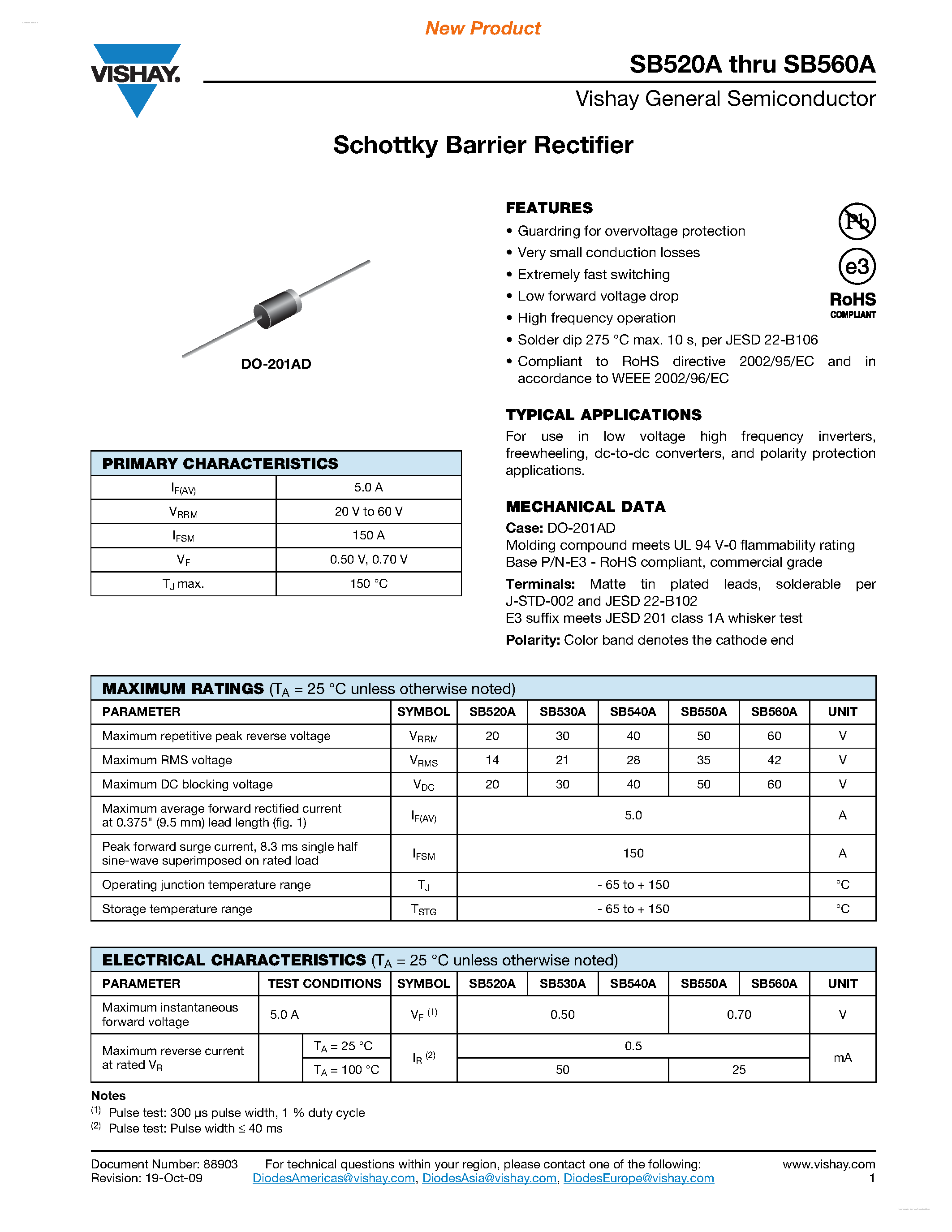 Datasheet SB520A page 1 Datasheet SB520A - (SB520A - SB560A) Schottky Barrier Rectifier page 1