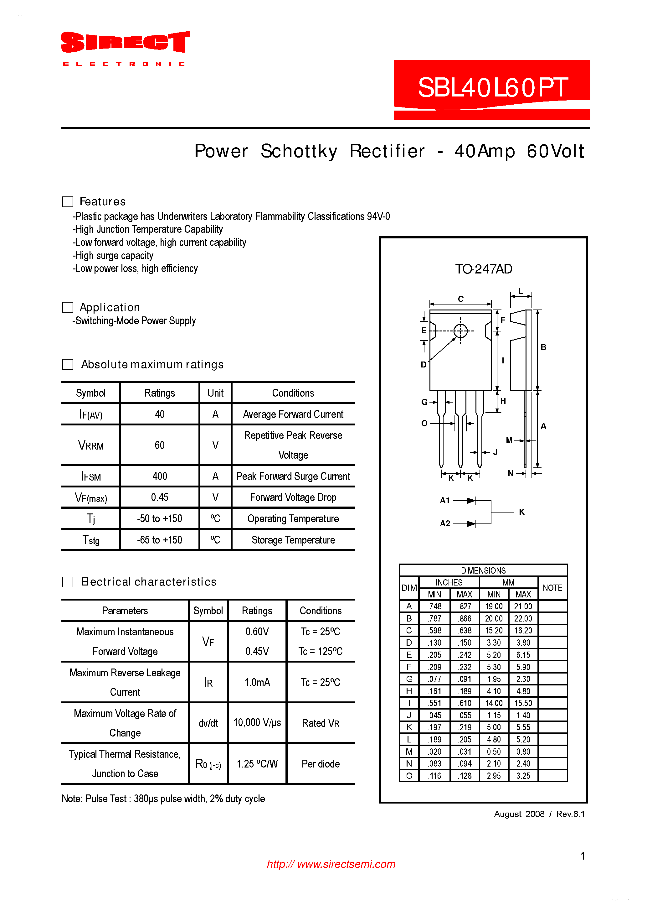 Datasheet SBL40L60PT page 1 Datasheet SBL40L60PT - Power Schottky Rectifier page 1