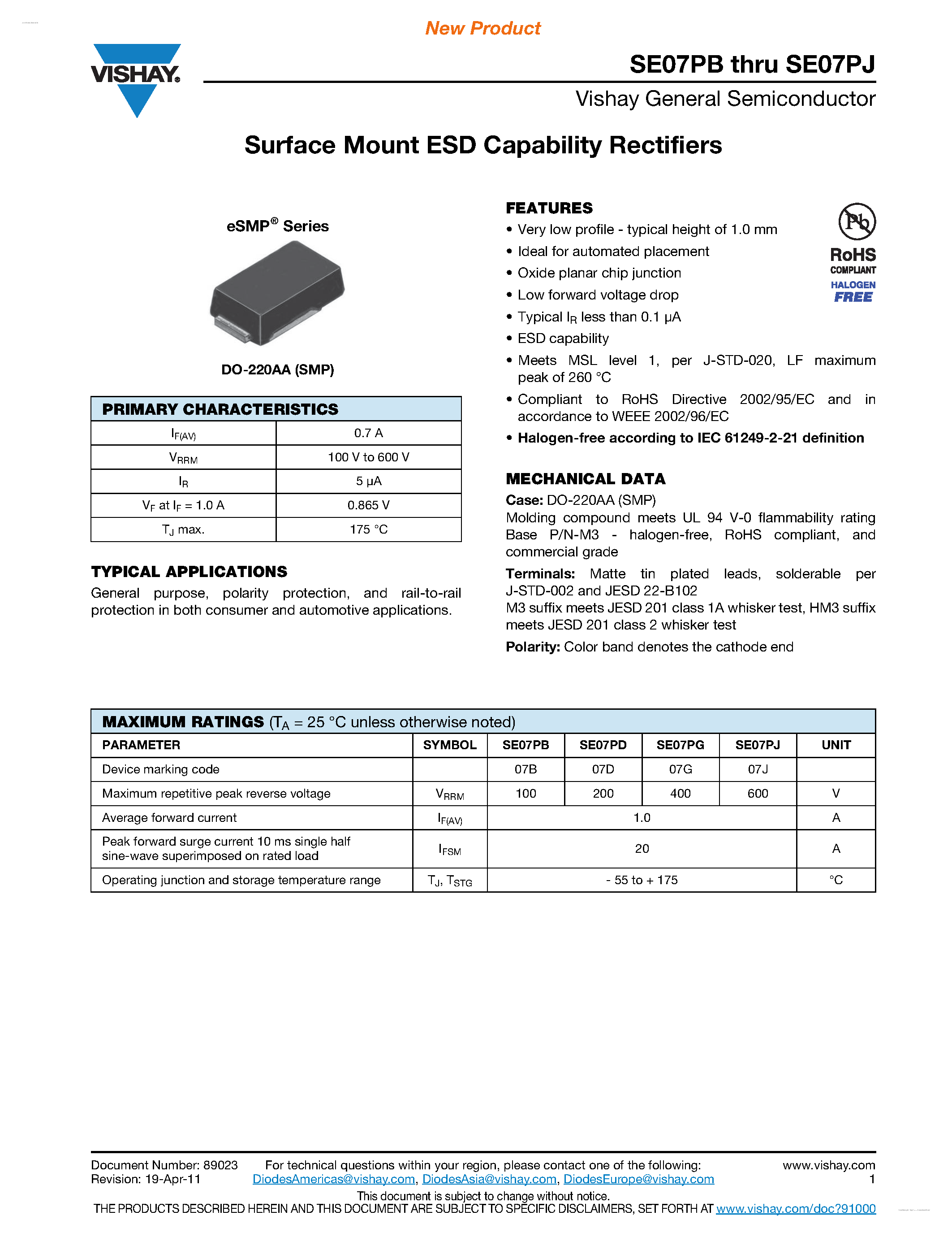 Datasheet SE07PB - (SE07Px) Surface Mount ESD Capability Rectifiers page 1
