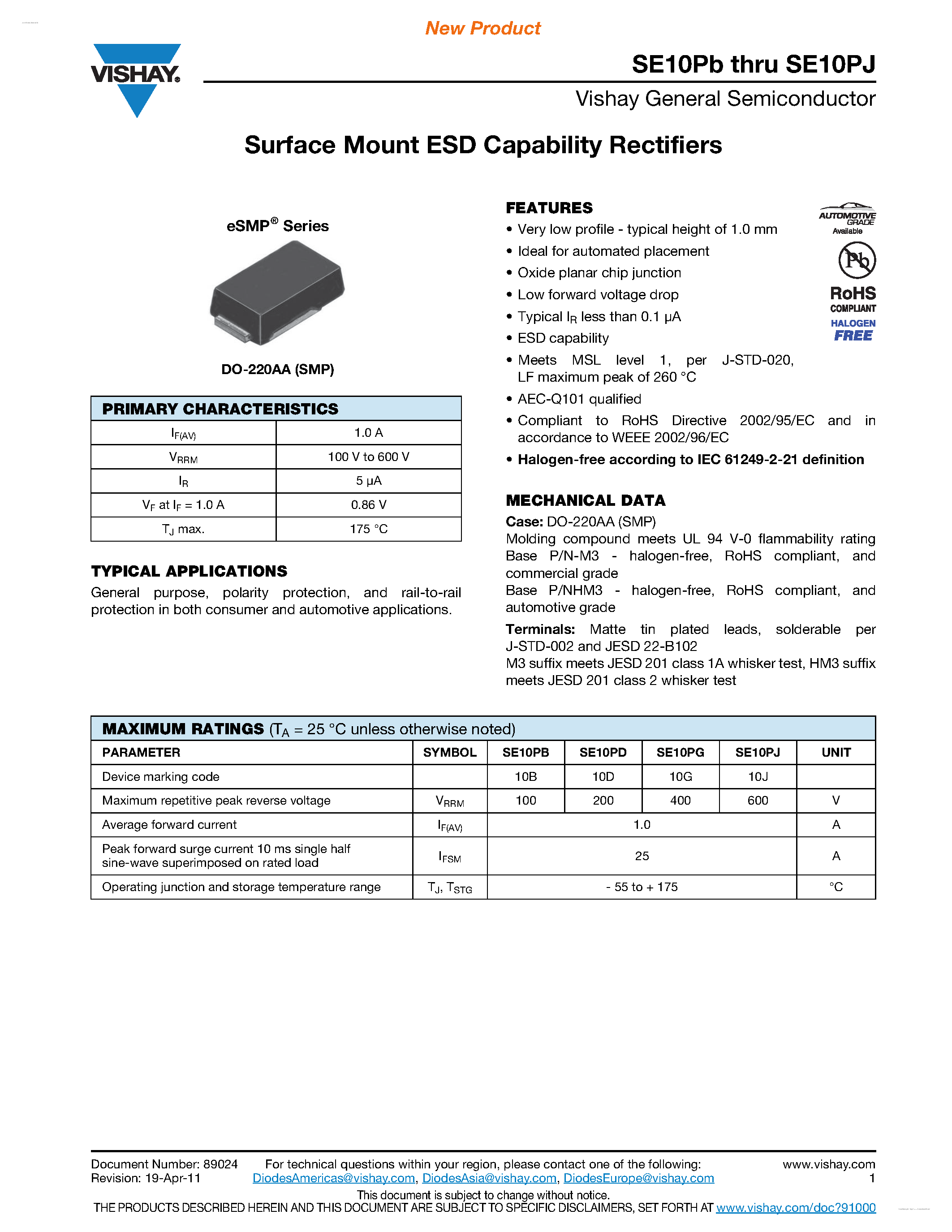 Datasheet SE10PB - (SE10Px) Surface Mount ESD Capability Rectifiers page 1