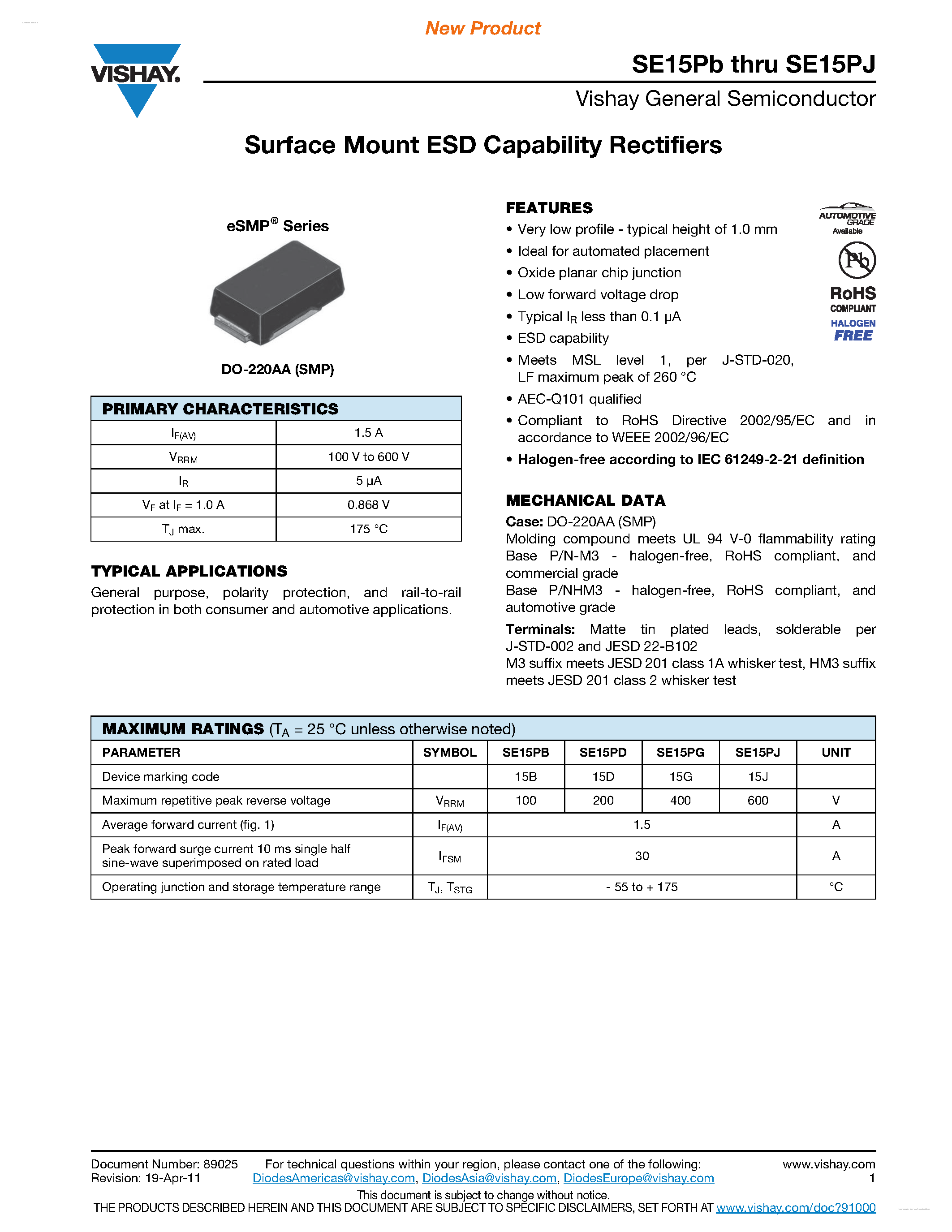 Datasheet SE15PB - (SE15Px) Surface Mount ESD Capability Rectifiers page 1