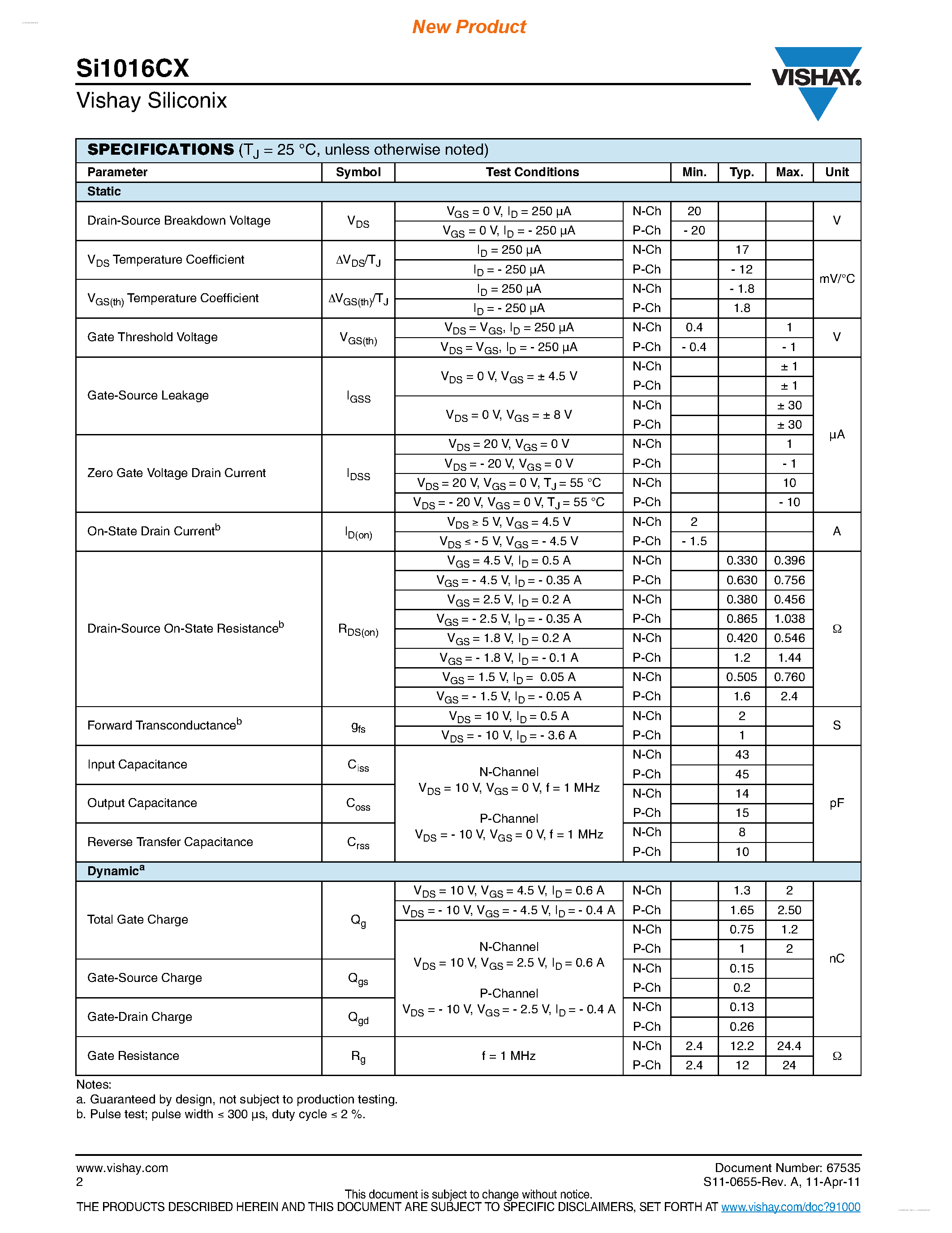 Datasheet SI1016CX page 2 Datasheet SI1016CX - Complementary N- and P-Channel 20 V (D-S) MOSFET page 2
