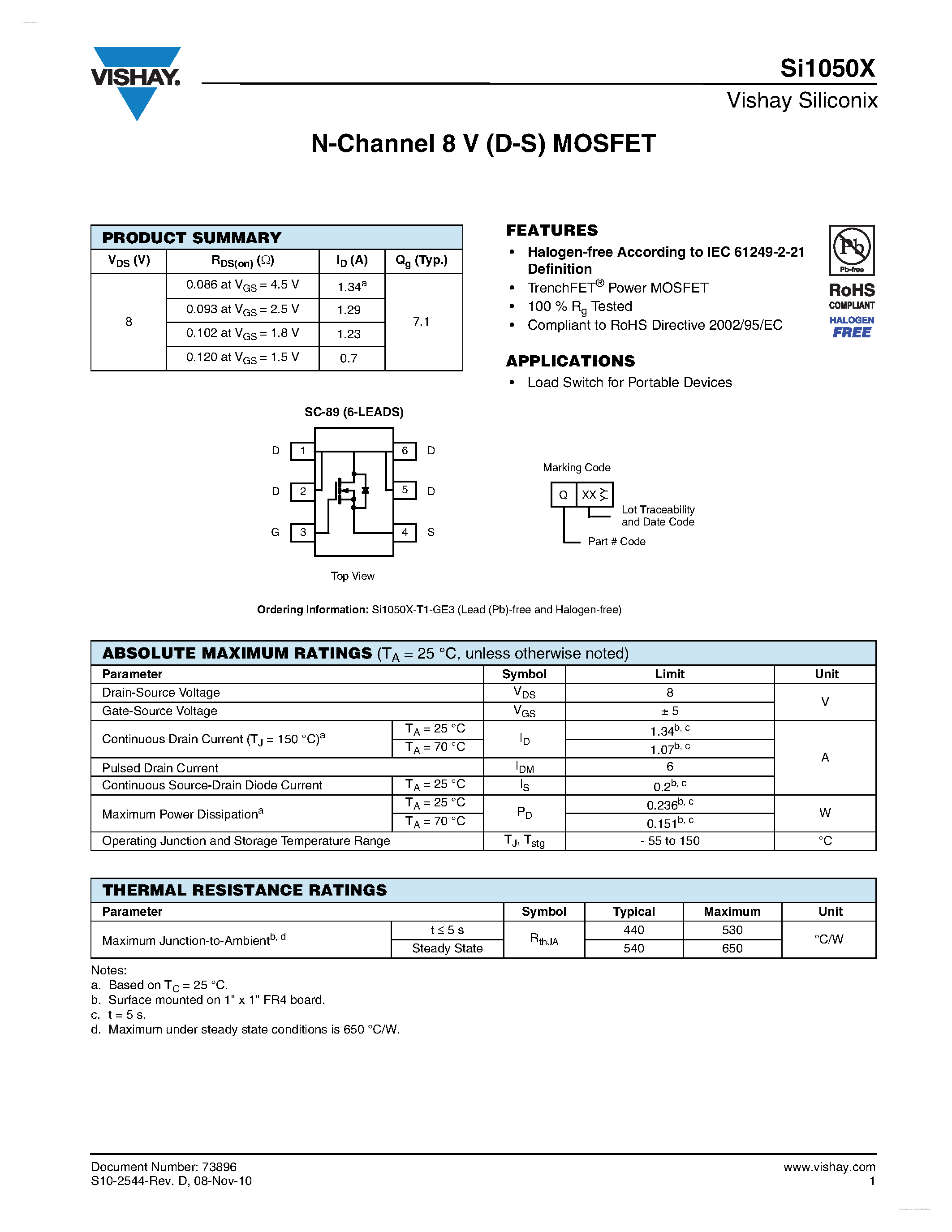 Datasheet SI1050X page 1 Datasheet SI1050X - N-Channel 8 V (D-S) MOSFET page 1