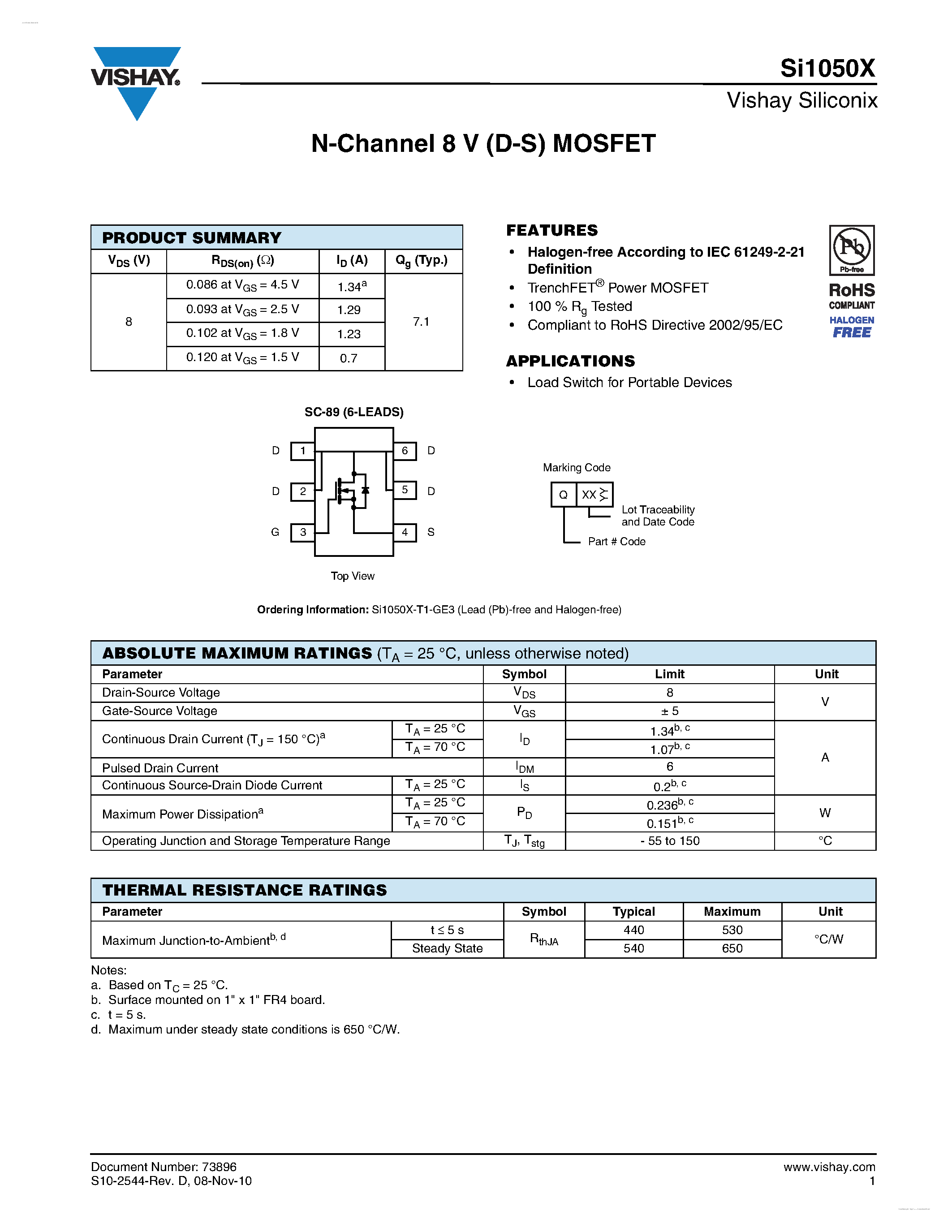 Datasheet SI1050X - N-Channel 8 V (D-S) MOSFET page 1