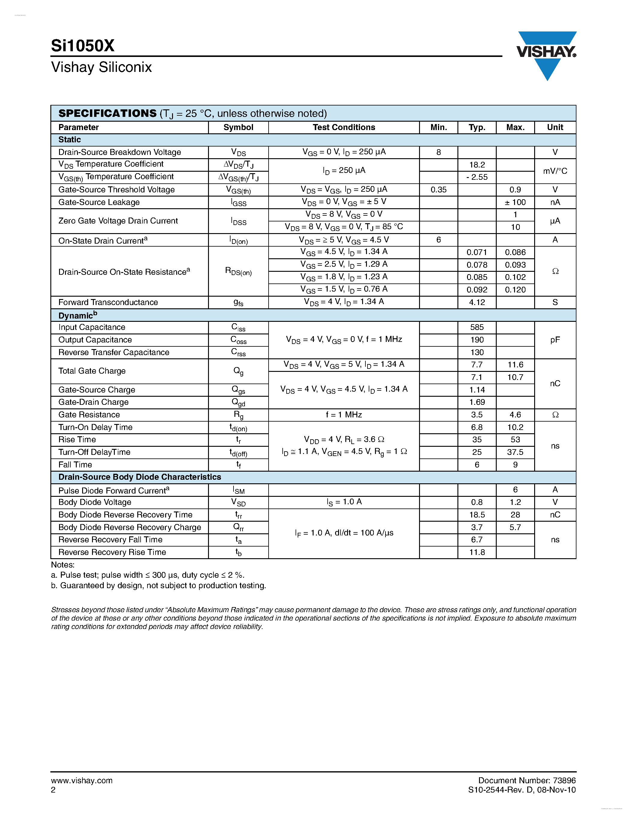 Datasheet SI1050X page 2 Datasheet SI1050X - N-Channel 8 V (D-S) MOSFET page 2