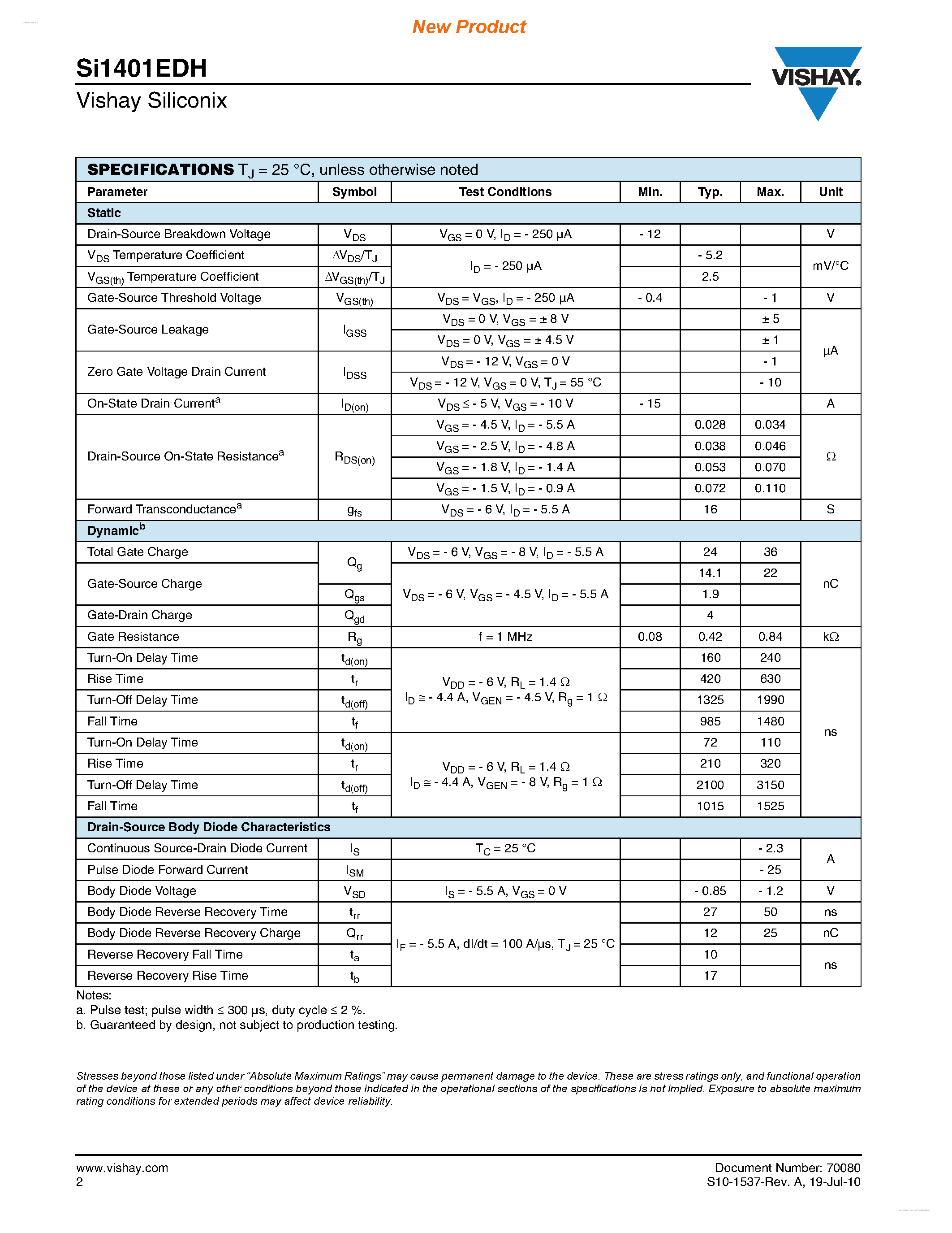 Datasheet SI1401EDH page 2 Datasheet SI1401EDH - P-Channel 12 V (D-S) MOSFET page 2