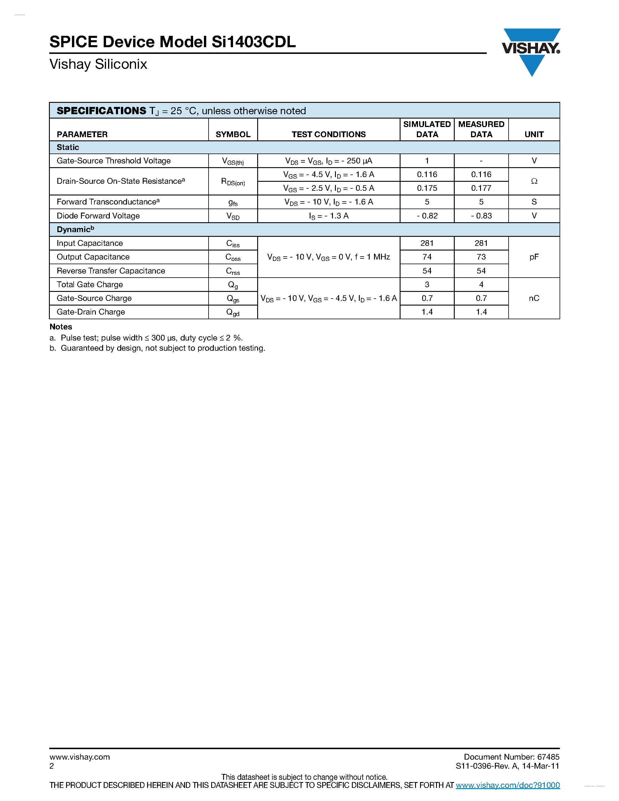 Datasheet SI1403CDL page 2 Datasheet SI1403CDL - P-Channel 20 V (D-S) MOSFET page 2