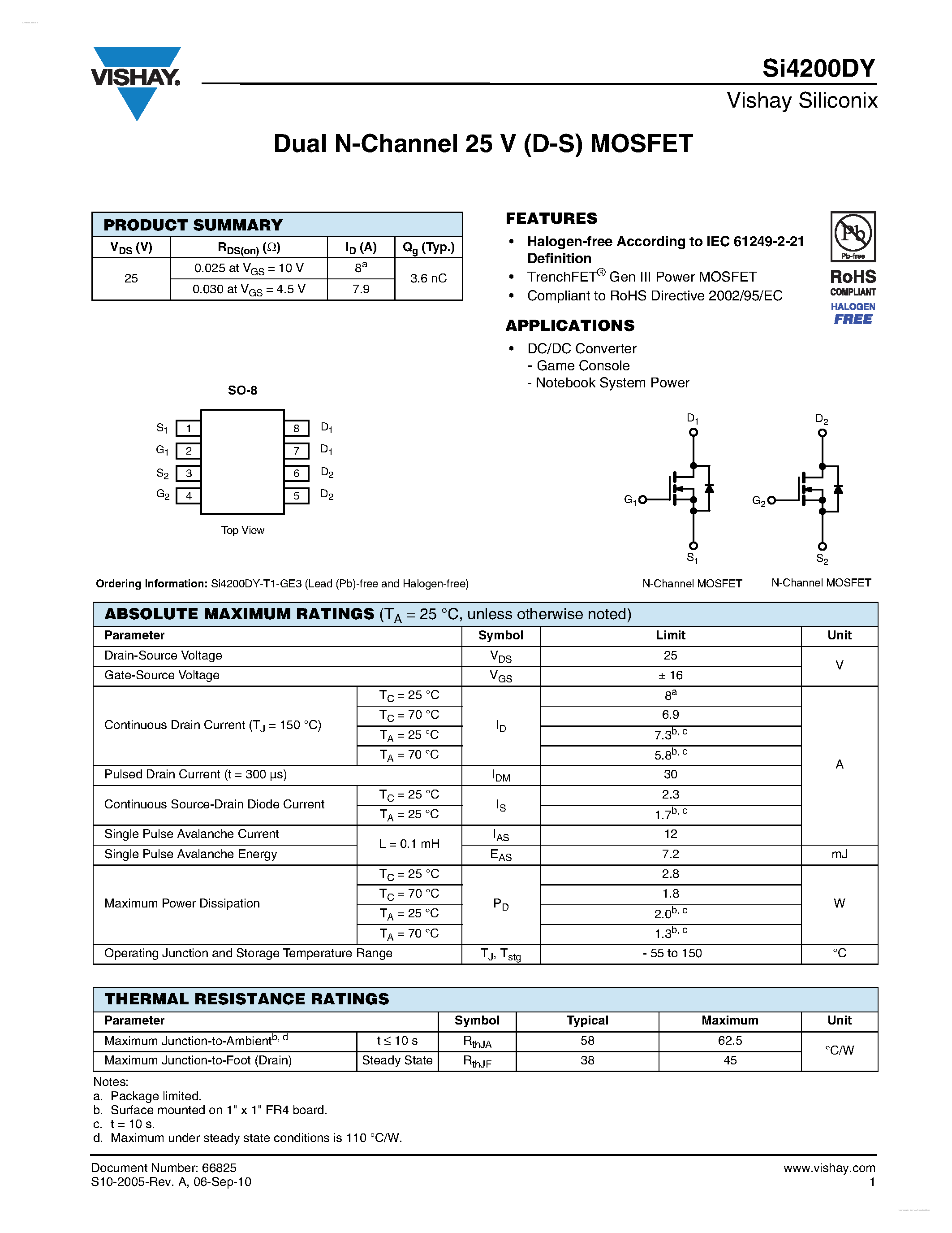 Даташит SI4200DY - Dual N-Channel 25 V (D-S) MOSFET страница 1
