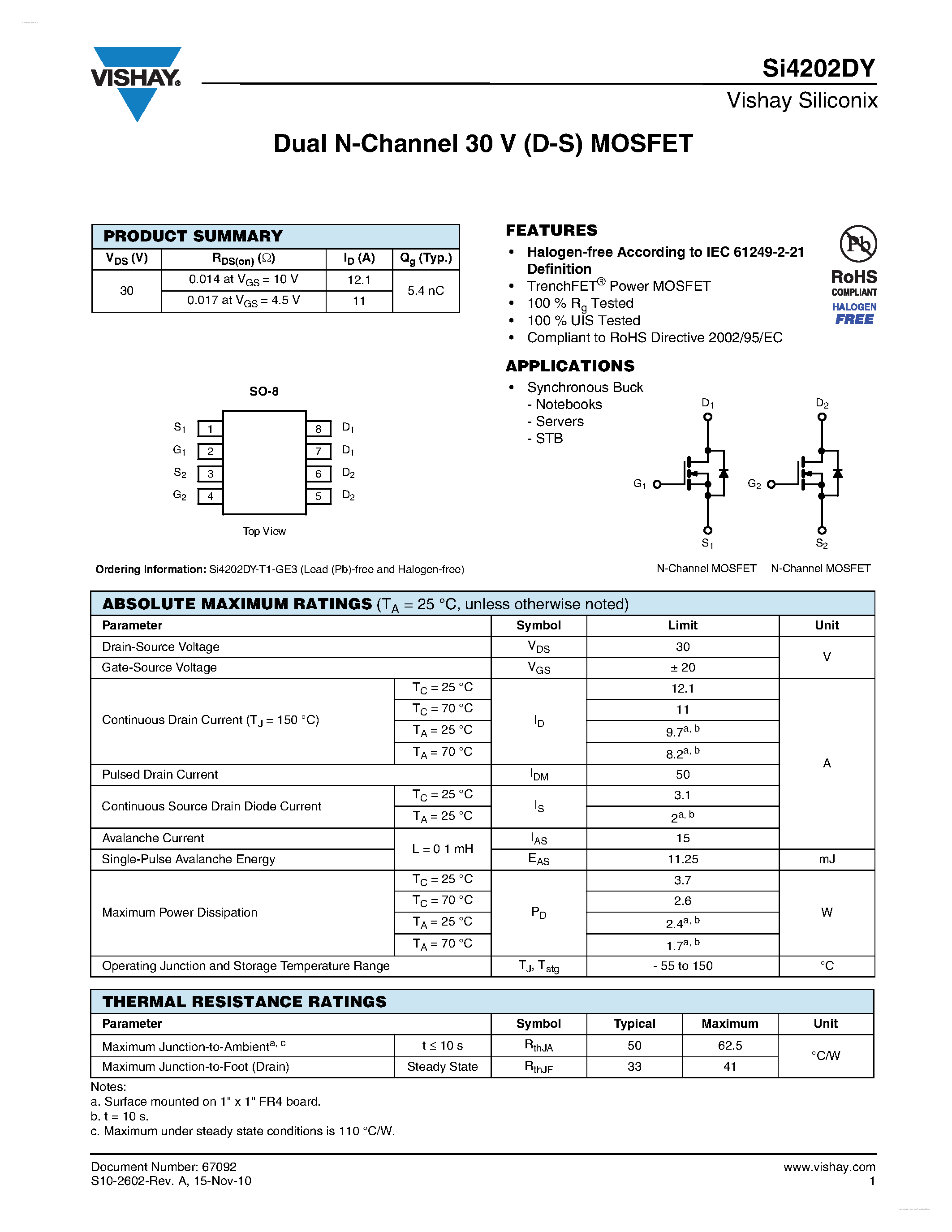 Даташит SI4202DY - Dual N-Channel 30 V (D-S) MOSFET страница 1