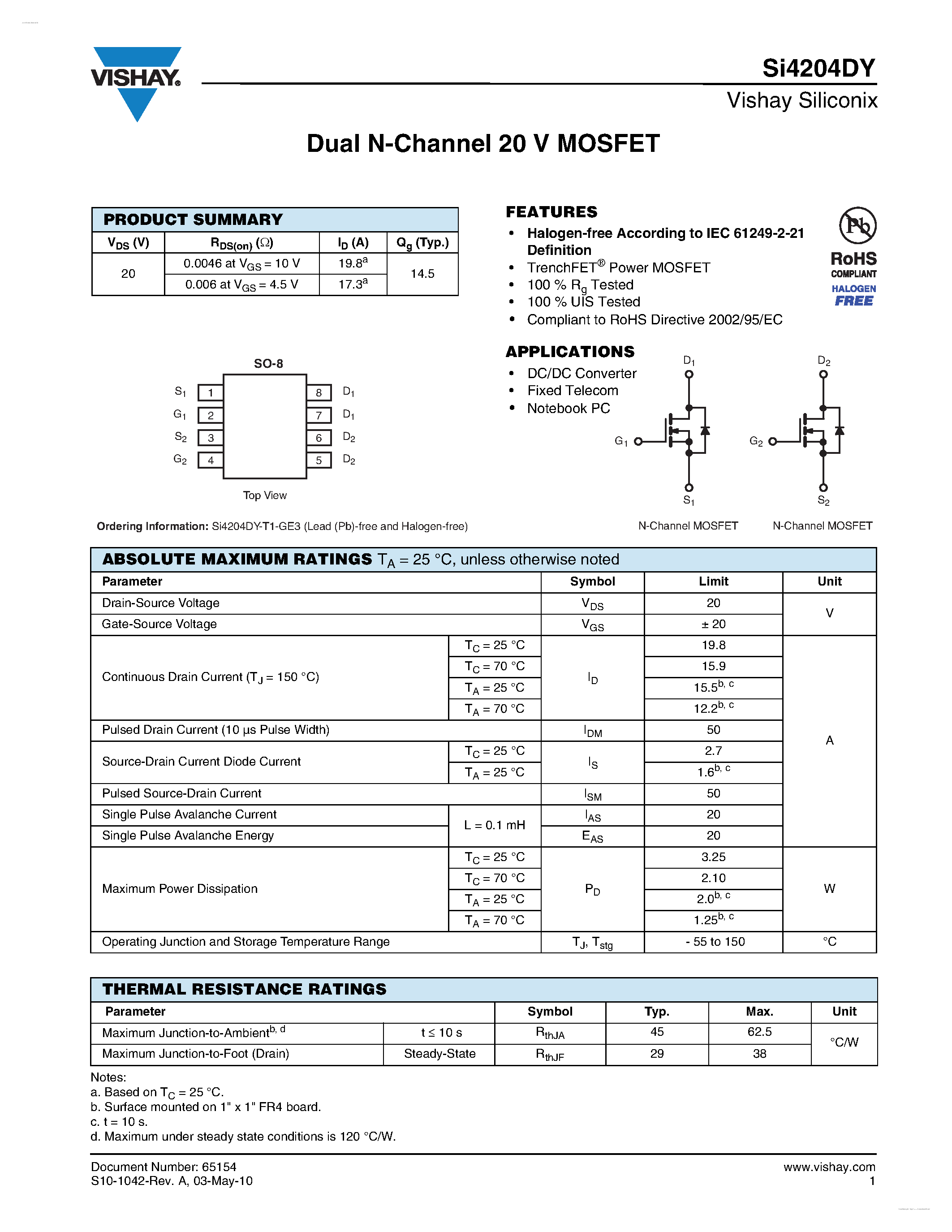 Даташит SI4204DY - Dual N-Channel 20 V MOSFET страница 1