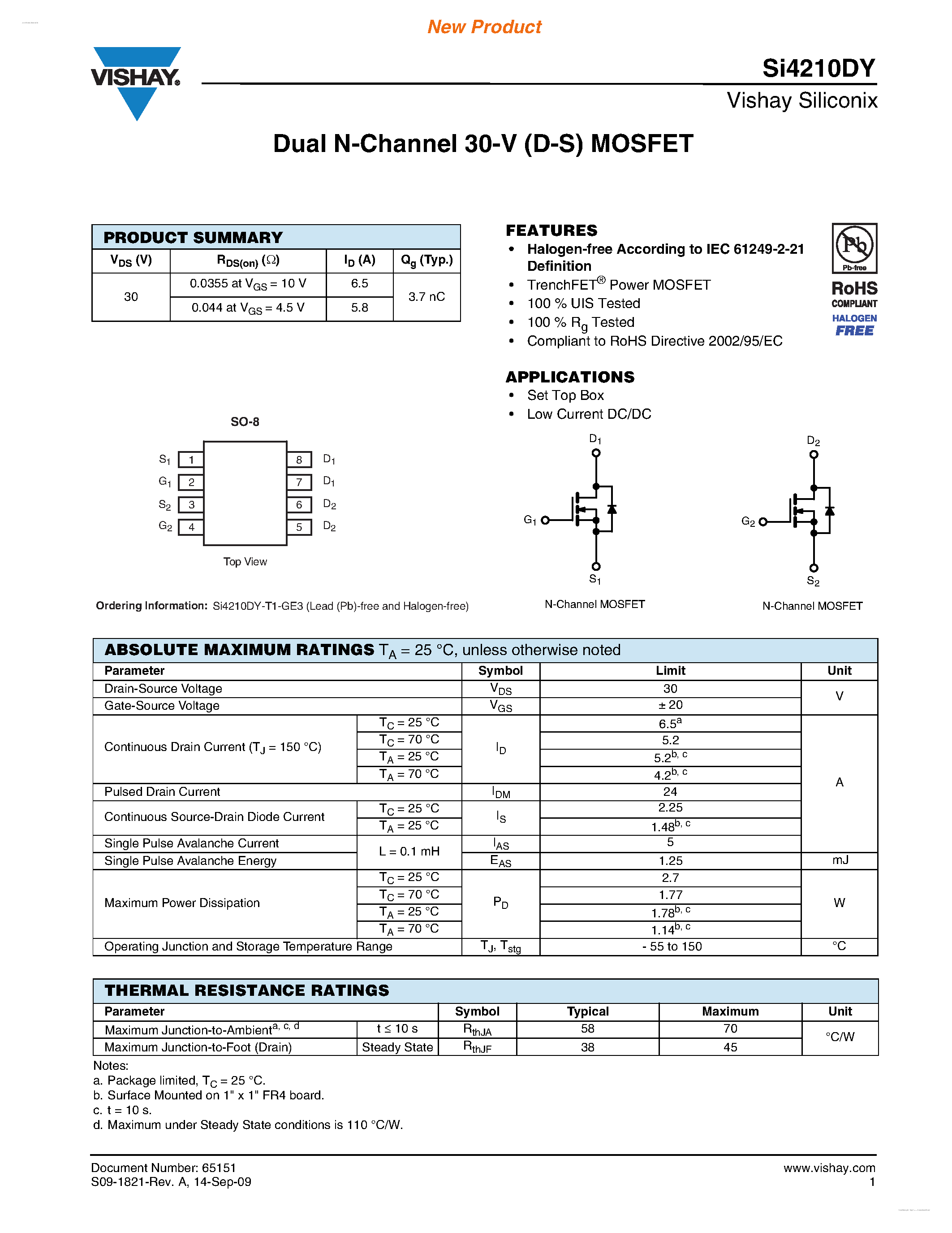 Даташит SI4210DY - Dual N-Channel 30-V (D-S) MOSFET страница 1