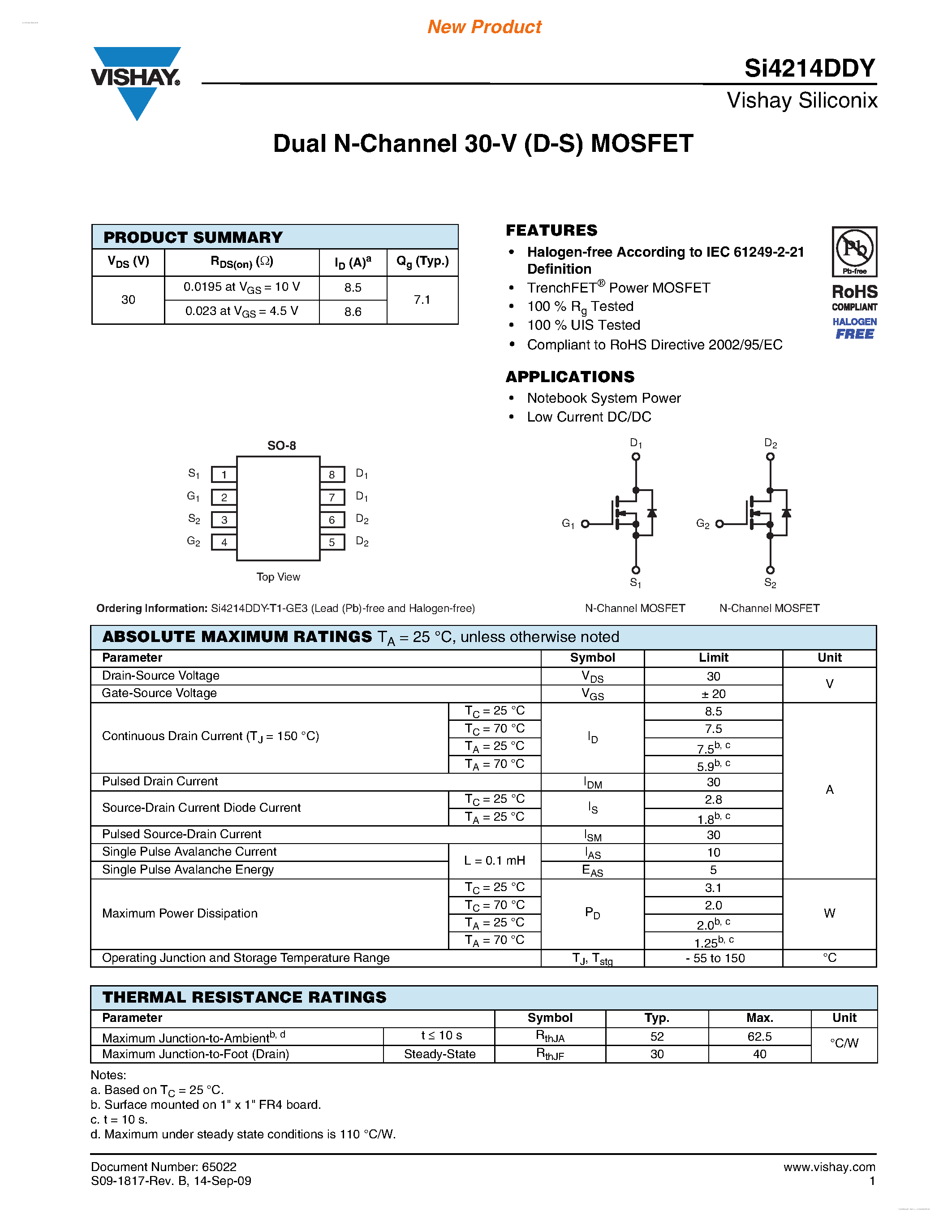 Даташит SI4214DDY - Dual N-Channel 30-V (D-S) MOSFET страница 1